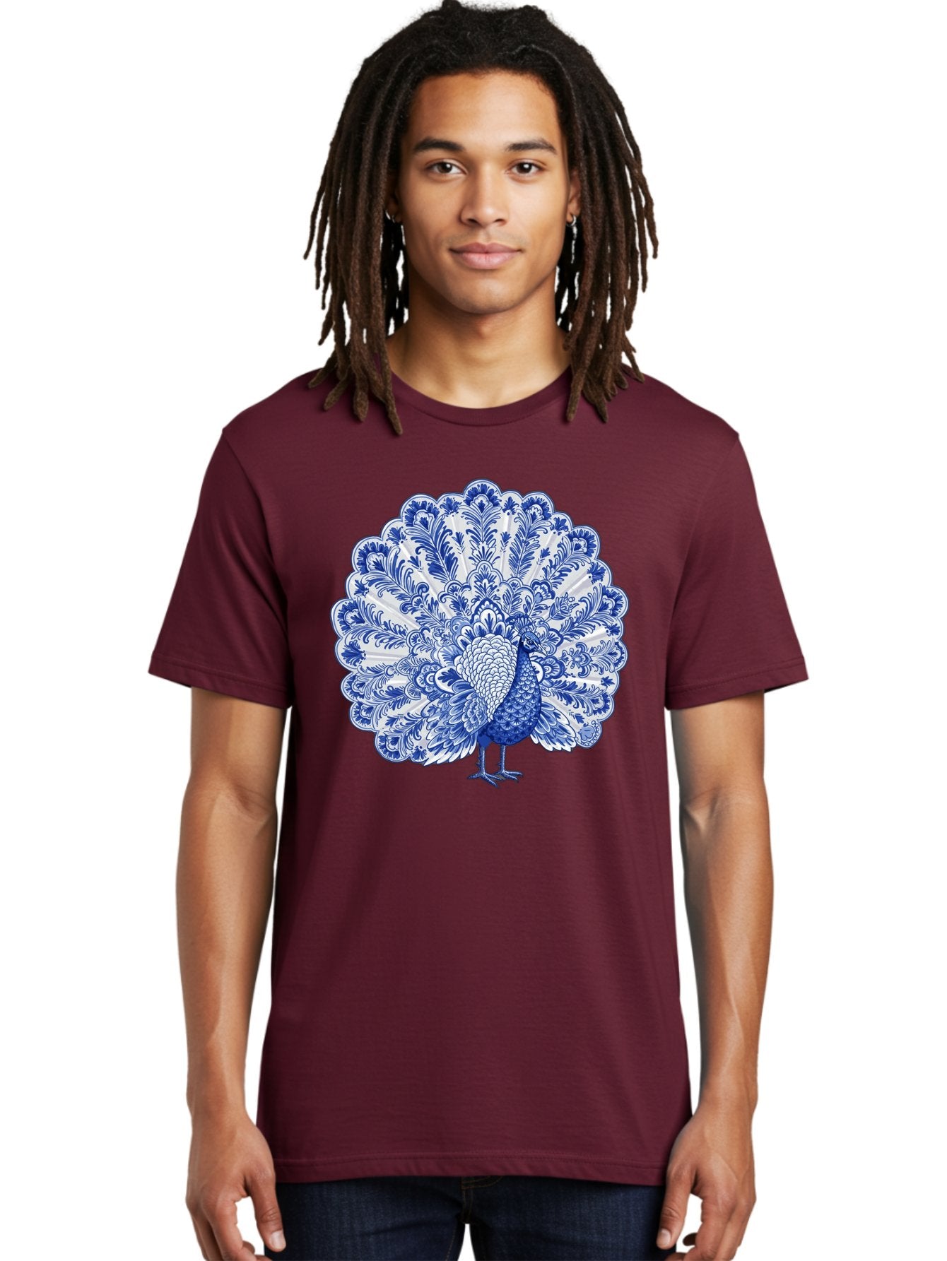 Blue-Peacock Men'S Graphic Tee, 100% Cotton, Comfortable Casual Summer Wear, Machine Washable, Peacock Illustration, Blue And White Design, Floral Pattern, Elegant Bird, Ornate Plumage, Luxurious Texture, Vintage Style, Decorative Art, Baa176 30