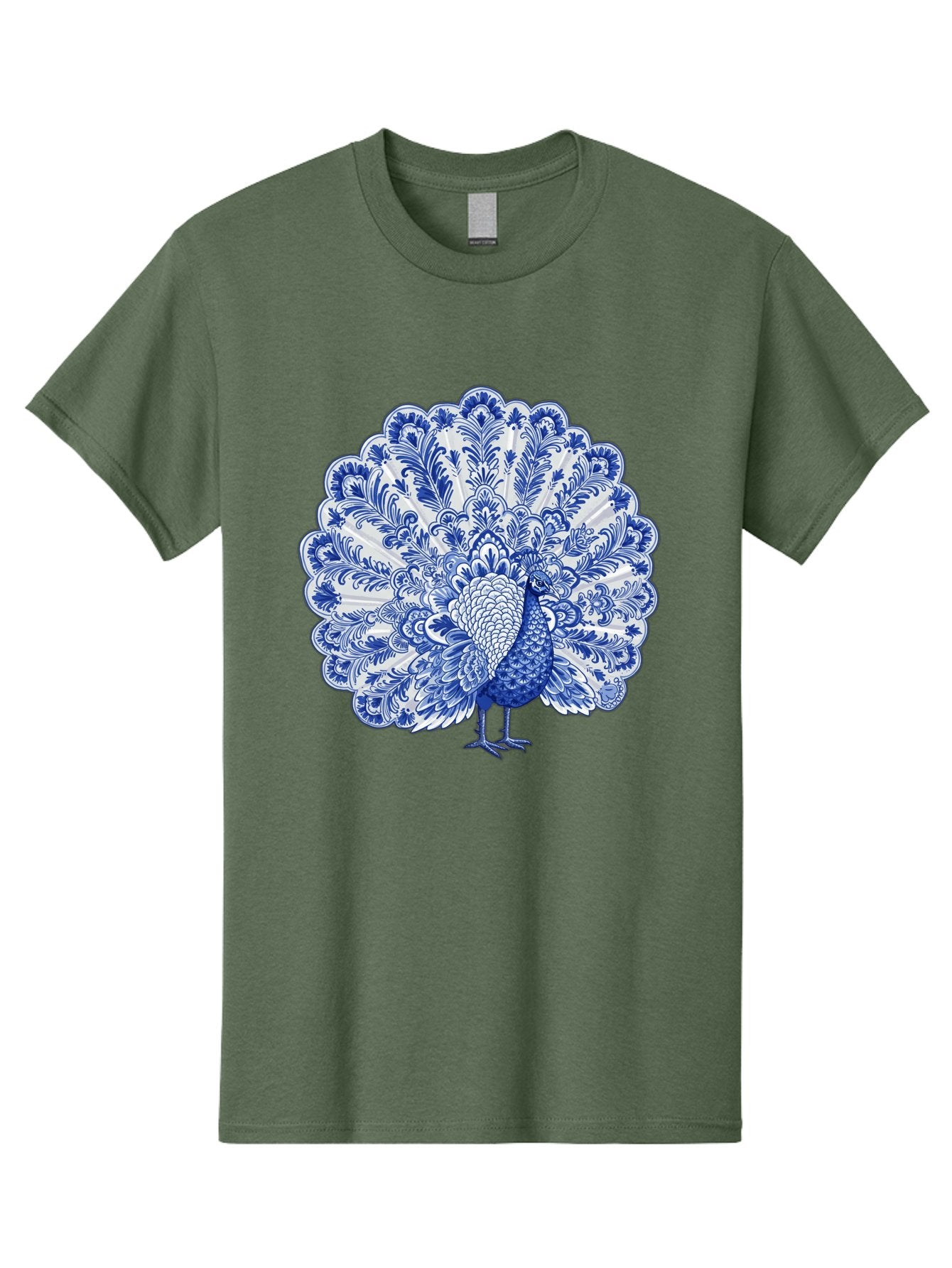 Blue-Peacock Men'S Graphic Tee, 100% Cotton, Comfortable Casual Summer Wear, Machine Washable, Peacock Illustration, Blue And White Design, Floral Pattern, Elegant Bird, Ornate Plumage, Luxurious Texture, Vintage Style, Decorative Art, Baa176 12