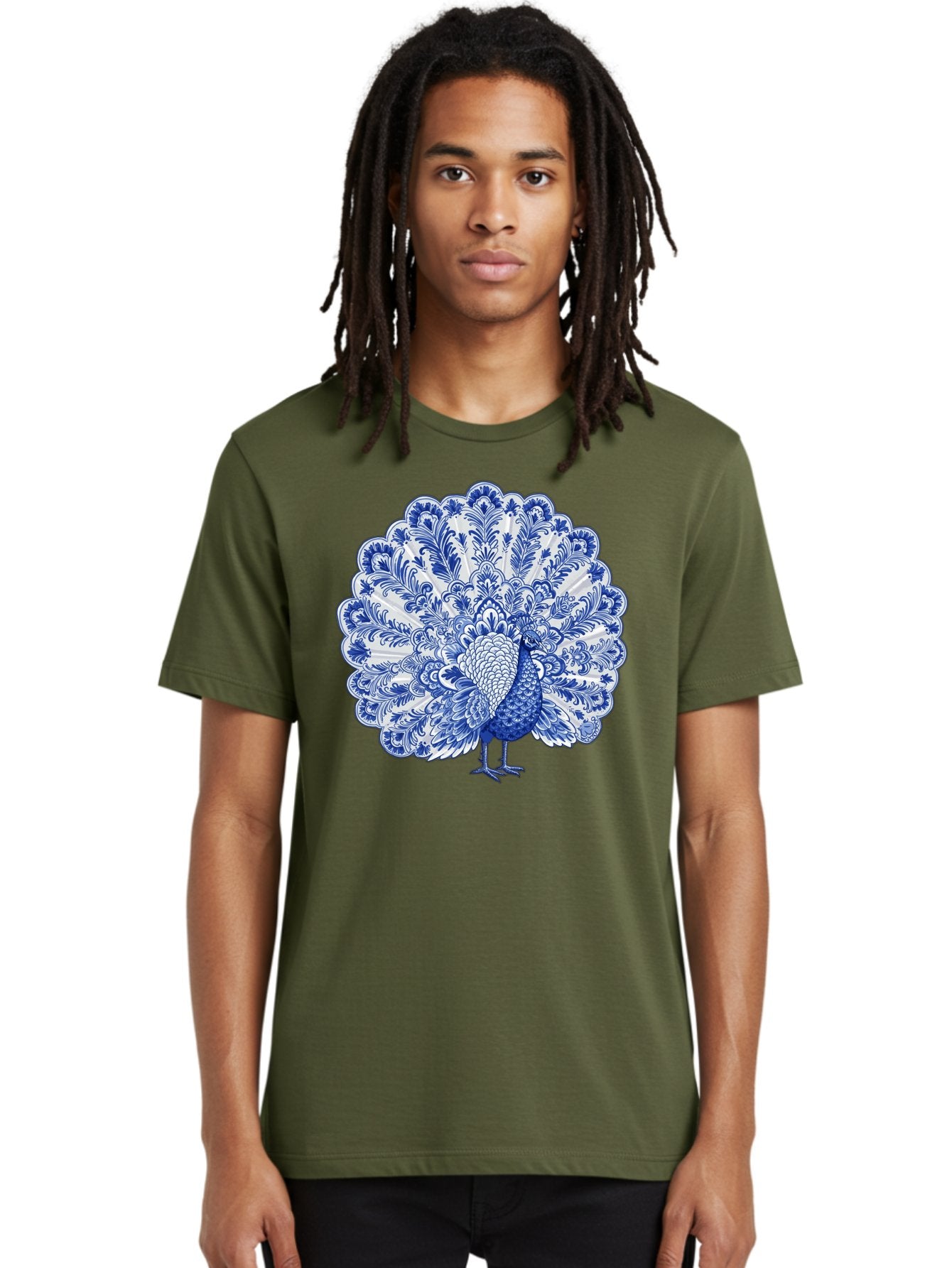Blue-Peacock Men'S Graphic Tee, 100% Cotton, Comfortable Casual Summer Wear, Machine Washable, Peacock Illustration, Blue And White Design, Floral Pattern, Elegant Bird, Ornate Plumage, Luxurious Texture, Vintage Style, Decorative Art, Baa176 28