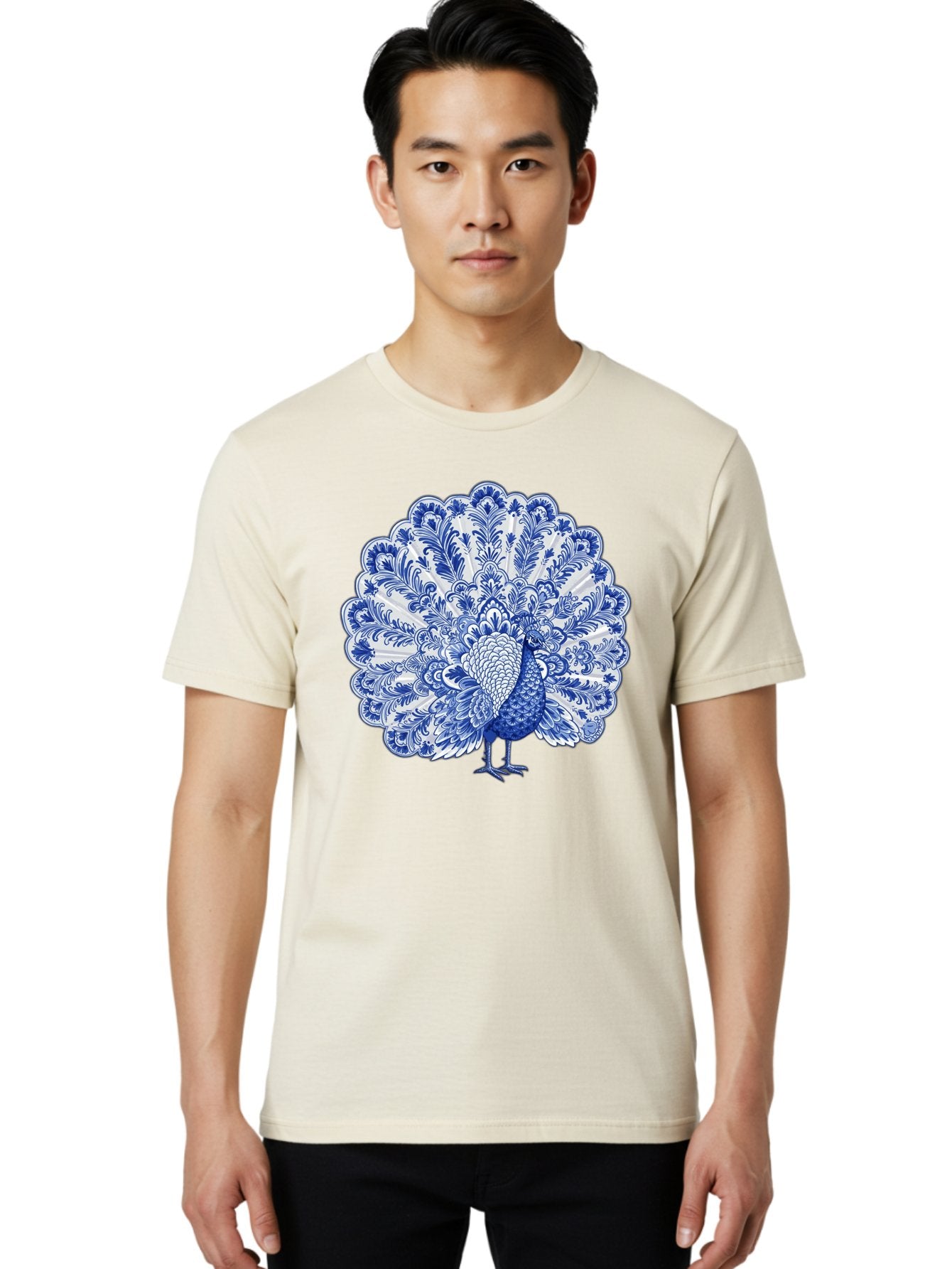 Blue-Peacock Men'S Graphic Tee, 100% Cotton, Comfortable Casual Summer Wear, Machine Washable, Peacock Illustration, Blue And White Design, Floral Pattern, Elegant Bird, Ornate Plumage, Luxurious Texture, Vintage Style, Decorative Art, Baa176 19