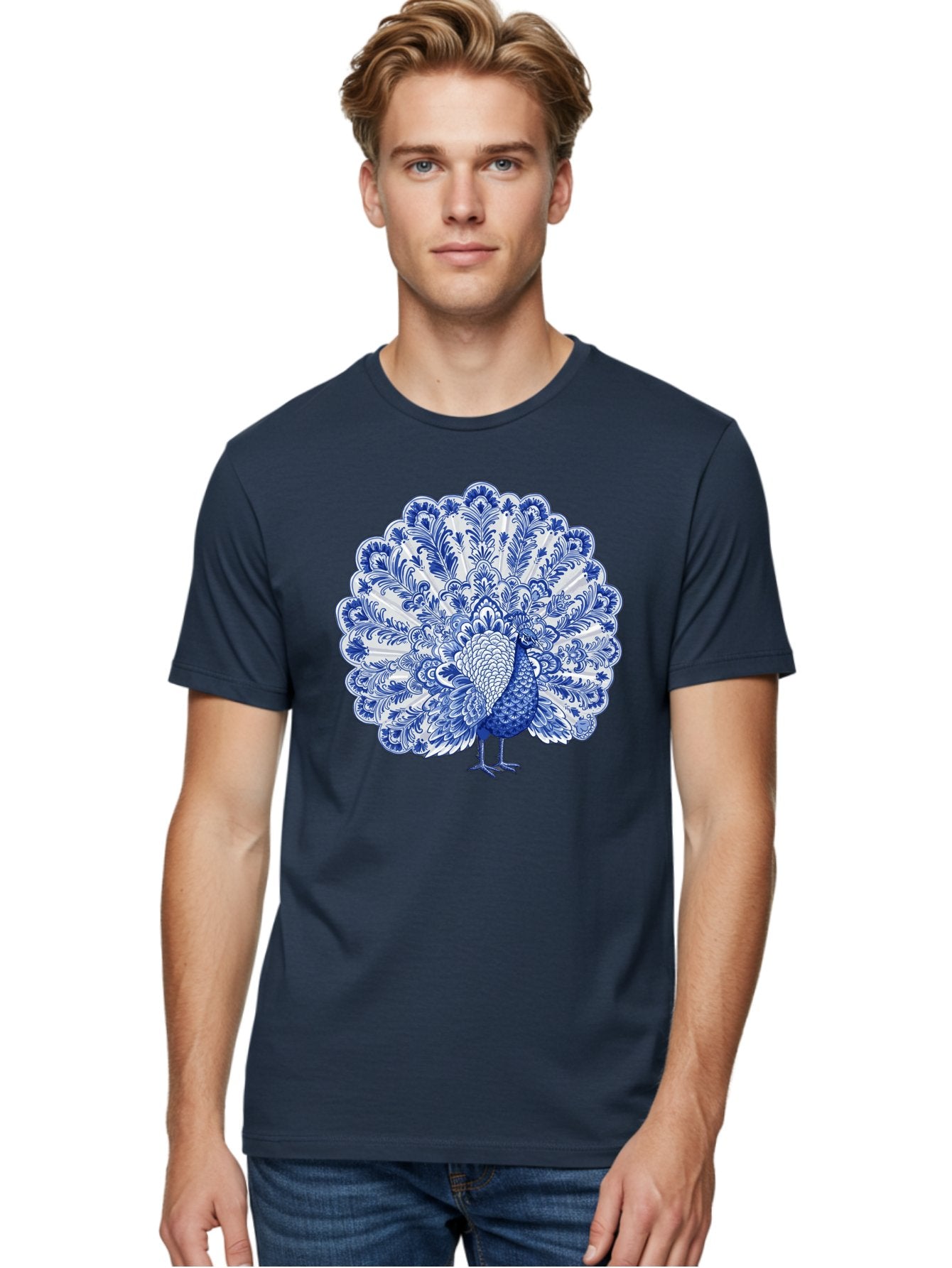 Blue-Peacock Men'S Graphic Tee, 100% Cotton, Comfortable Casual Summer Wear, Machine Washable, Peacock Illustration, Blue And White Design, Floral Pattern, Elegant Bird, Ornate Plumage, Luxurious Texture, Vintage Style, Decorative Art, Baa176 24
