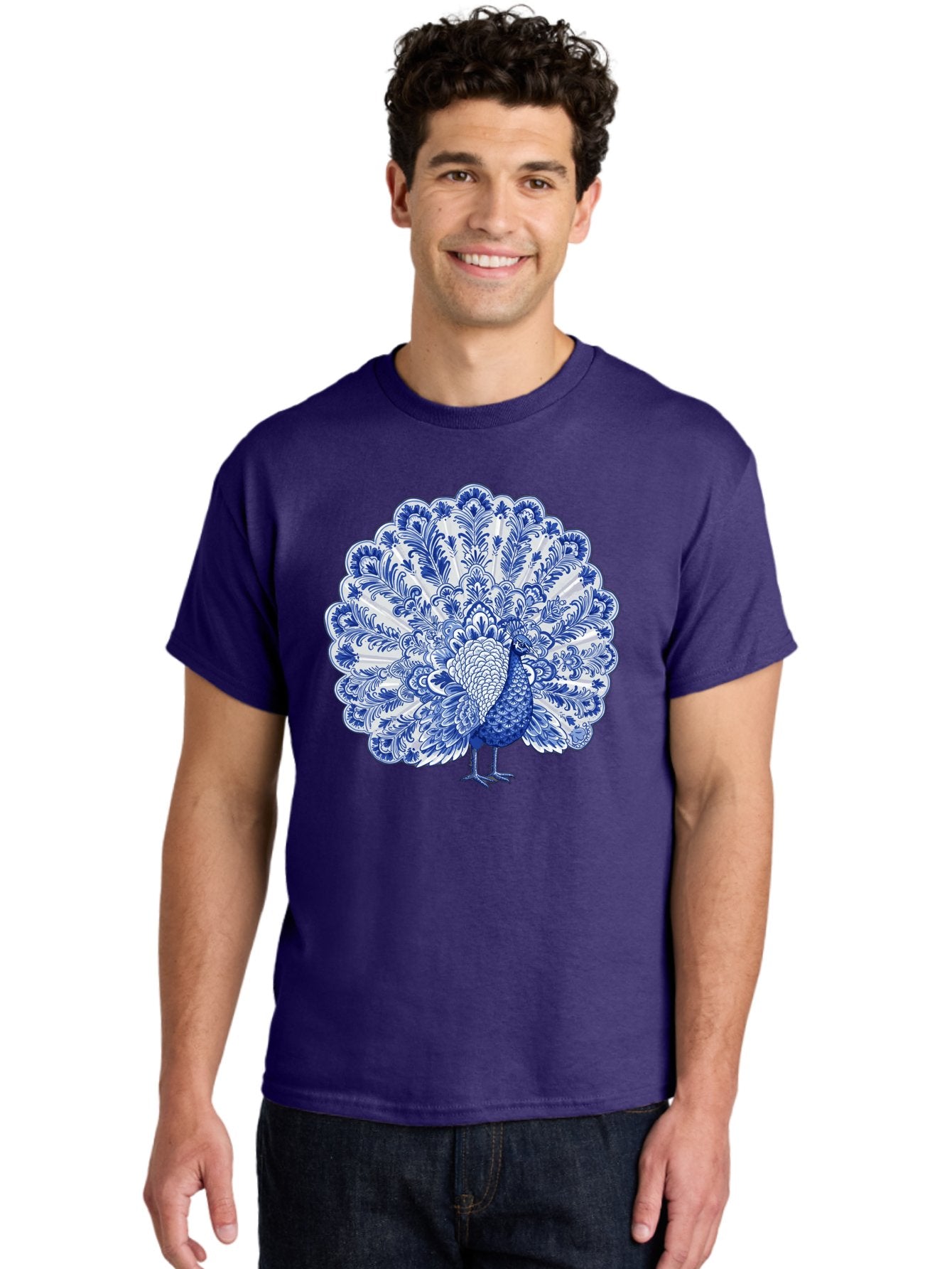 Blue-Peacock Men'S Graphic Tee, 100% Cotton, Comfortable Casual Summer Wear, Machine Washable, Peacock Illustration, Blue And White Design, Floral Pattern, Elegant Bird, Ornate Plumage, Luxurious Texture, Vintage Style, Decorative Art, Baa176 16