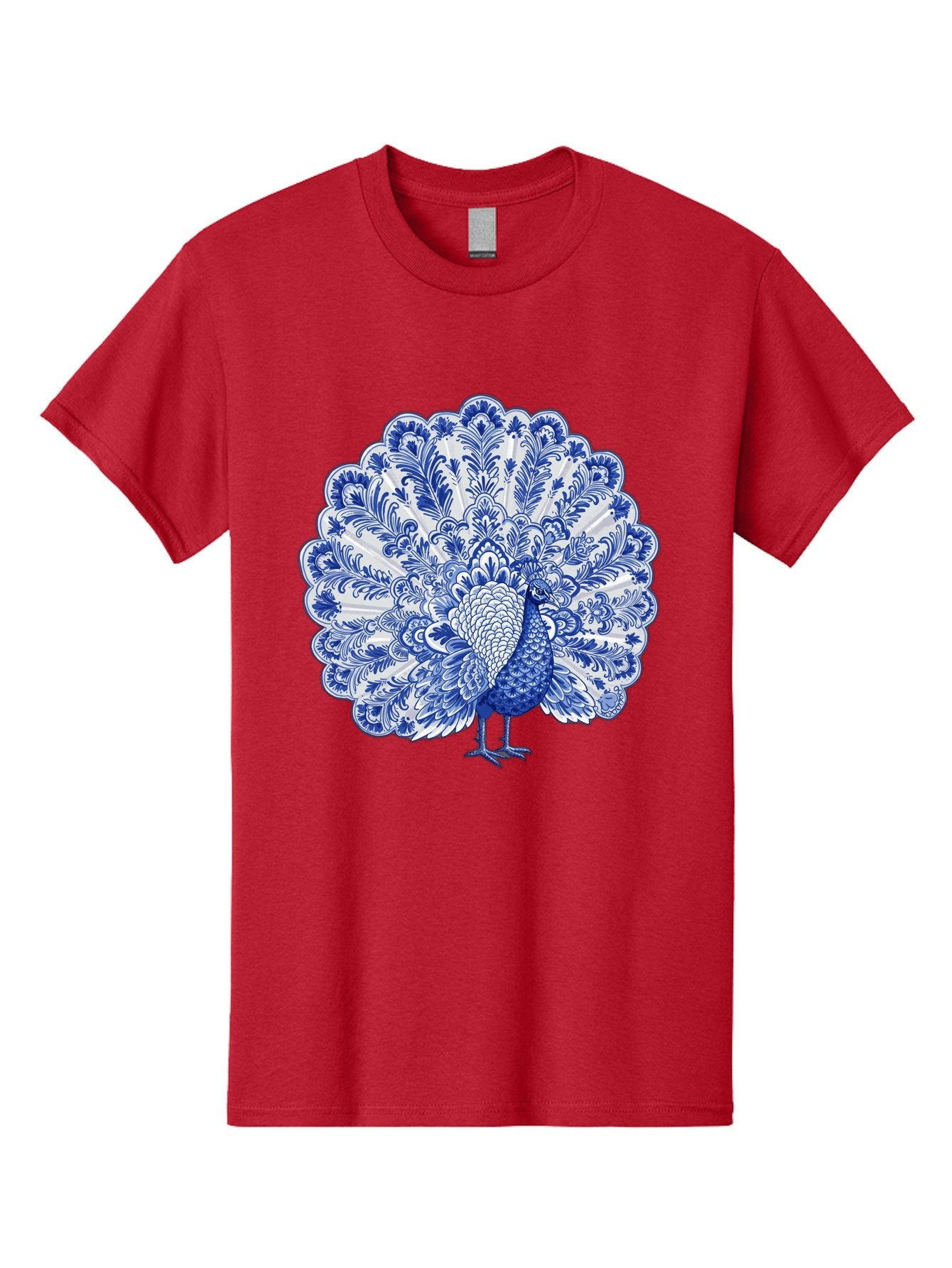 Blue-Peacock Men'S Graphic Tee, 100% Cotton, Comfortable Casual Summer Wear, Machine Washable, Peacock Illustration, Blue And White Design, Floral Pattern, Elegant Bird, Ornate Plumage, Luxurious Texture, Vintage Style, Decorative Art, Baa176 10