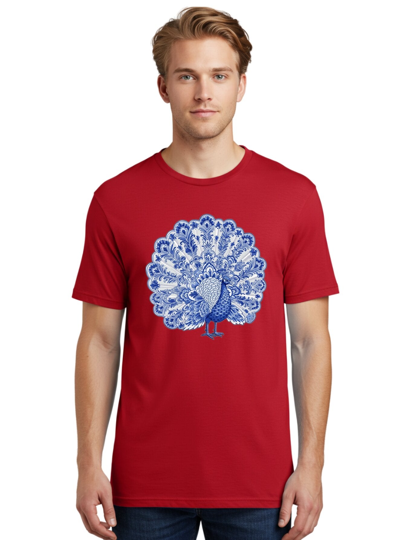 Blue-Peacock Men'S Graphic Tee, 100% Cotton, Comfortable Casual Summer Wear, Machine Washable, Peacock Illustration, Blue And White Design, Floral Pattern, Elegant Bird, Ornate Plumage, Luxurious Texture, Vintage Style, Decorative Art, Baa176 17