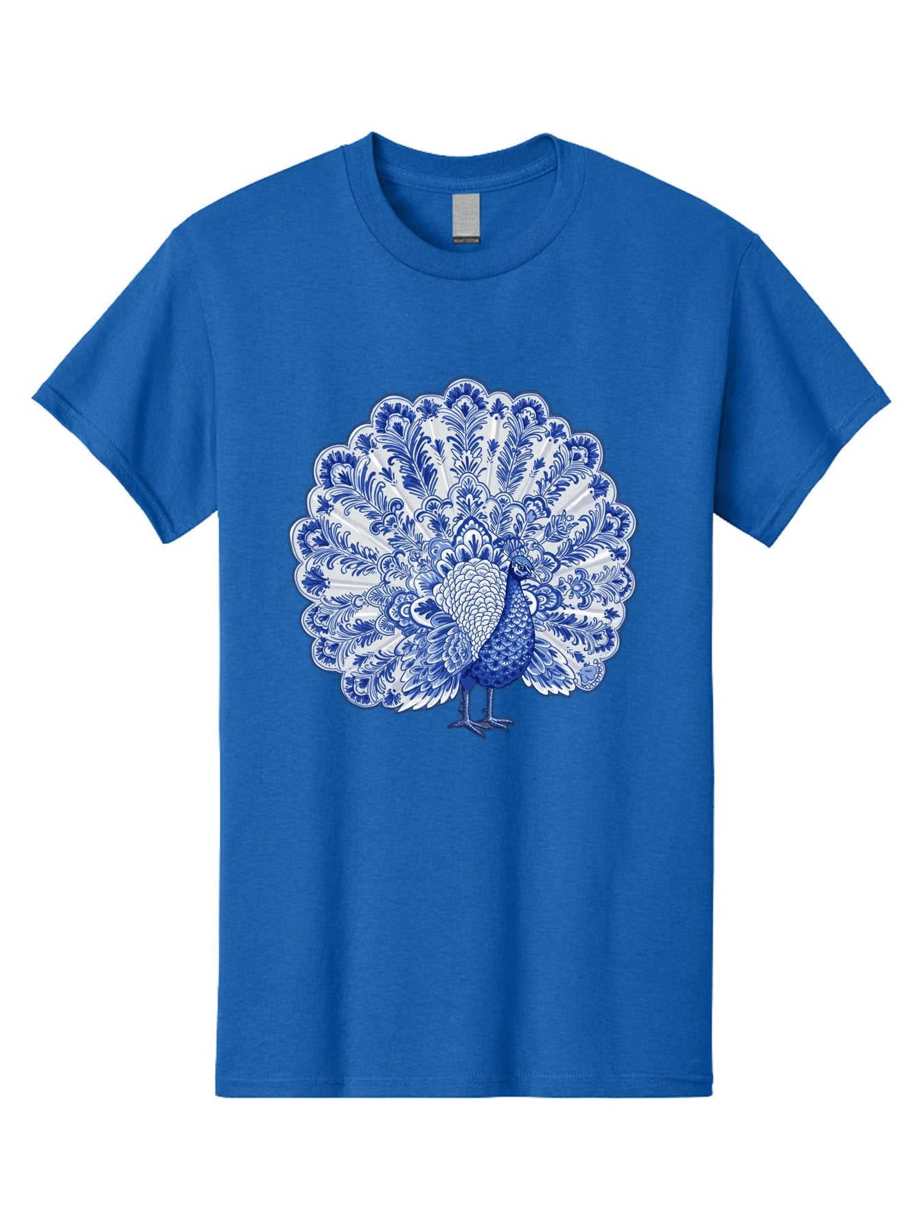 Blue-Peacock Men'S Graphic Tee, 100% Cotton, Comfortable Casual Summer Wear, Machine Washable, Peacock Illustration, Blue And White Design, Floral Pattern, Elegant Bird, Ornate Plumage, Luxurious Texture, Vintage Style, Decorative Art, Baa176 5