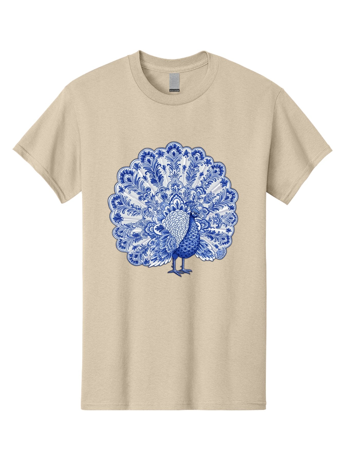Blue-Peacock Men'S Graphic Tee, 100% Cotton, Comfortable Casual Summer Wear, Machine Washable, Peacock Illustration, Blue And White Design, Floral Pattern, Elegant Bird, Ornate Plumage, Luxurious Texture, Vintage Style, Decorative Art, Baa176 9