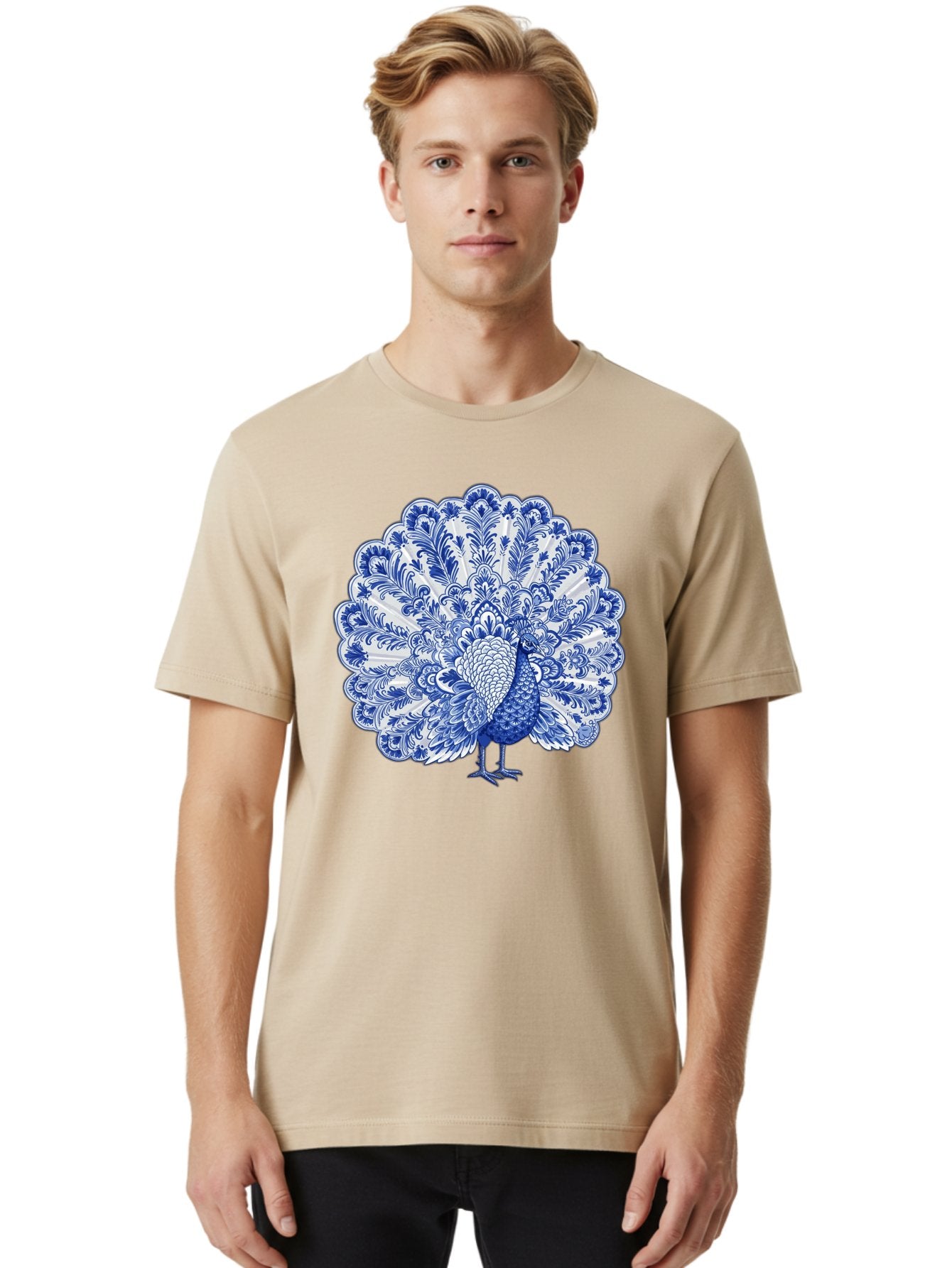 Blue-Peacock Men'S Graphic Tee, 100% Cotton, Comfortable Casual Summer Wear, Machine Washable, Peacock Illustration, Blue And White Design, Floral Pattern, Elegant Bird, Ornate Plumage, Luxurious Texture, Vintage Style, Decorative Art, Baa176 26