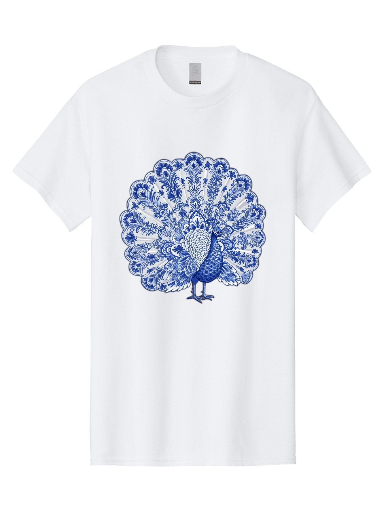 Blue-Peacock Men'S Graphic Tee, 100% Cotton, Comfortable Casual Summer Wear, Machine Washable, Peacock Illustration, Blue And White Design, Floral Pattern, Elegant Bird, Ornate Plumage, Luxurious Texture, Vintage Style, Decorative Art, Baa176 8