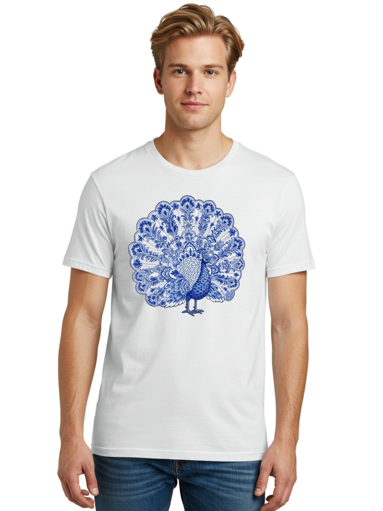 Blue-Peacock Men'S Graphic Tee, 100% Cotton, Comfortable Casual Summer Wear, Machine Washable, Peacock Illustration, Blue And White Design, Floral Pattern, Elegant Bird, Ornate Plumage, Luxurious Texture, Vintage Style, Decorative Art, Baa176 25