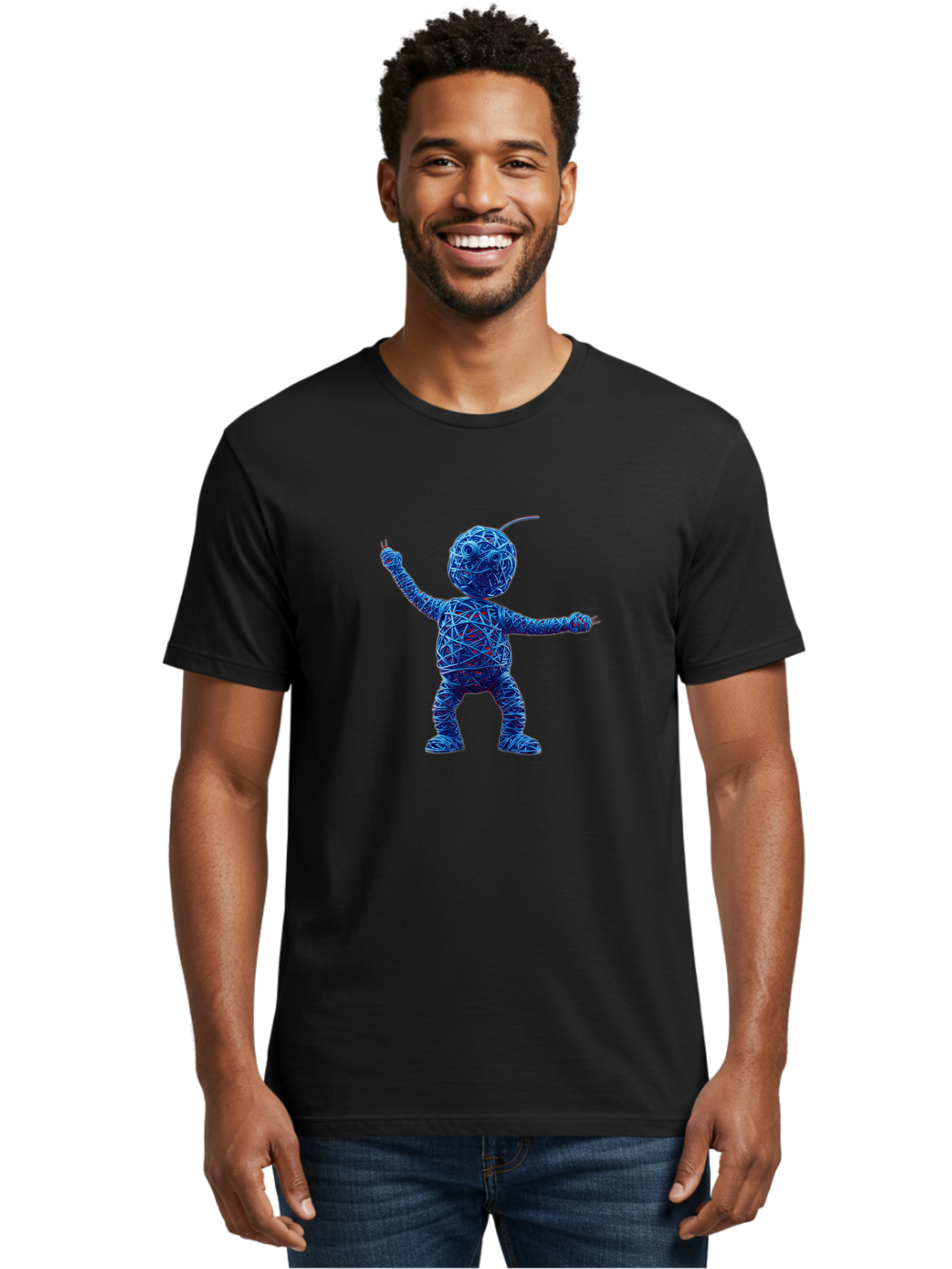 Blue-Wire-Figure Men'S Graphic Tee, 100% Cotton, Comfortable Casual Summer Wear, Machine Washable, Wire Twisted Figure, Abstract Character, Avant-Garde Art, Surreal Sculpture, Contemporary Design, Artistic Expression, Modern Art, Blue Wire, Baa177 16