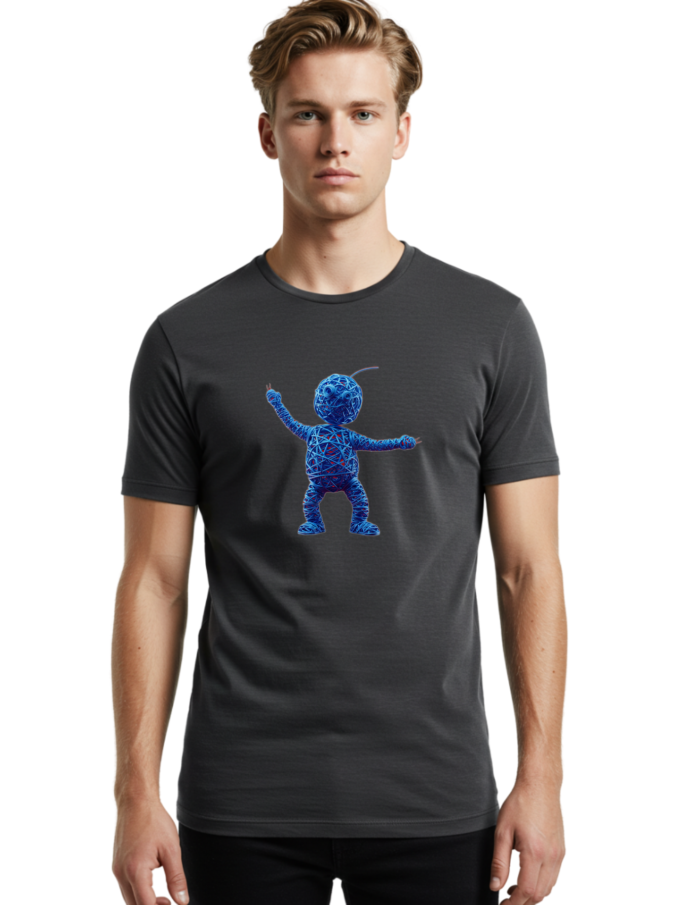 Blue-Wire-Figure Men'S Graphic Tee, 100% Cotton, Comfortable Casual Summer Wear, Machine Washable, Wire Twisted Figure, Abstract Character, Avant-Garde Art, Surreal Sculpture, Contemporary Design, Artistic Expression, Modern Art, Blue Wire, Baa177 10