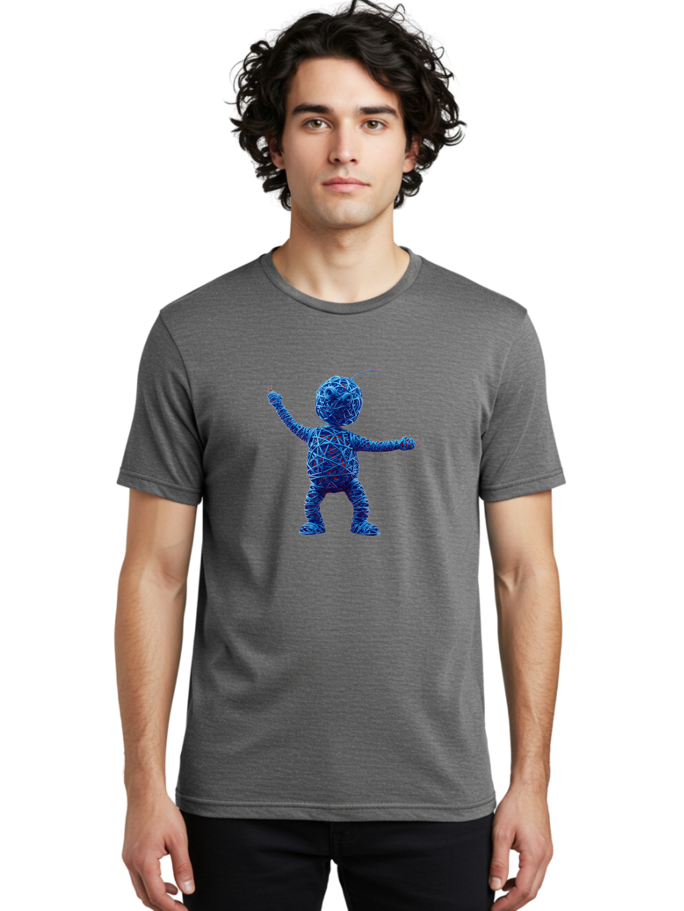 Blue-Wire-Figure Men'S Graphic Tee, 100% Cotton, Comfortable Casual Summer Wear, Machine Washable, Wire Twisted Figure, Abstract Character, Avant-Garde Art, Surreal Sculpture, Contemporary Design, Artistic Expression, Modern Art, Blue Wire, Baa177 4