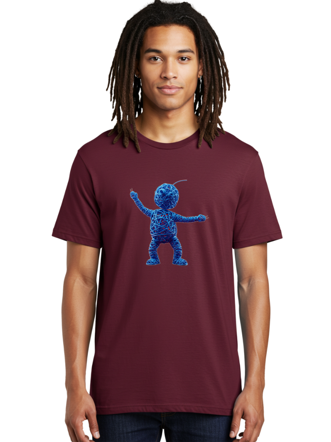 Blue-Wire-Figure Men'S Graphic Tee, 100% Cotton, Comfortable Casual Summer Wear, Machine Washable, Wire Twisted Figure, Abstract Character, Avant-Garde Art, Surreal Sculpture, Contemporary Design, Artistic Expression, Modern Art, Blue Wire, Baa177 28