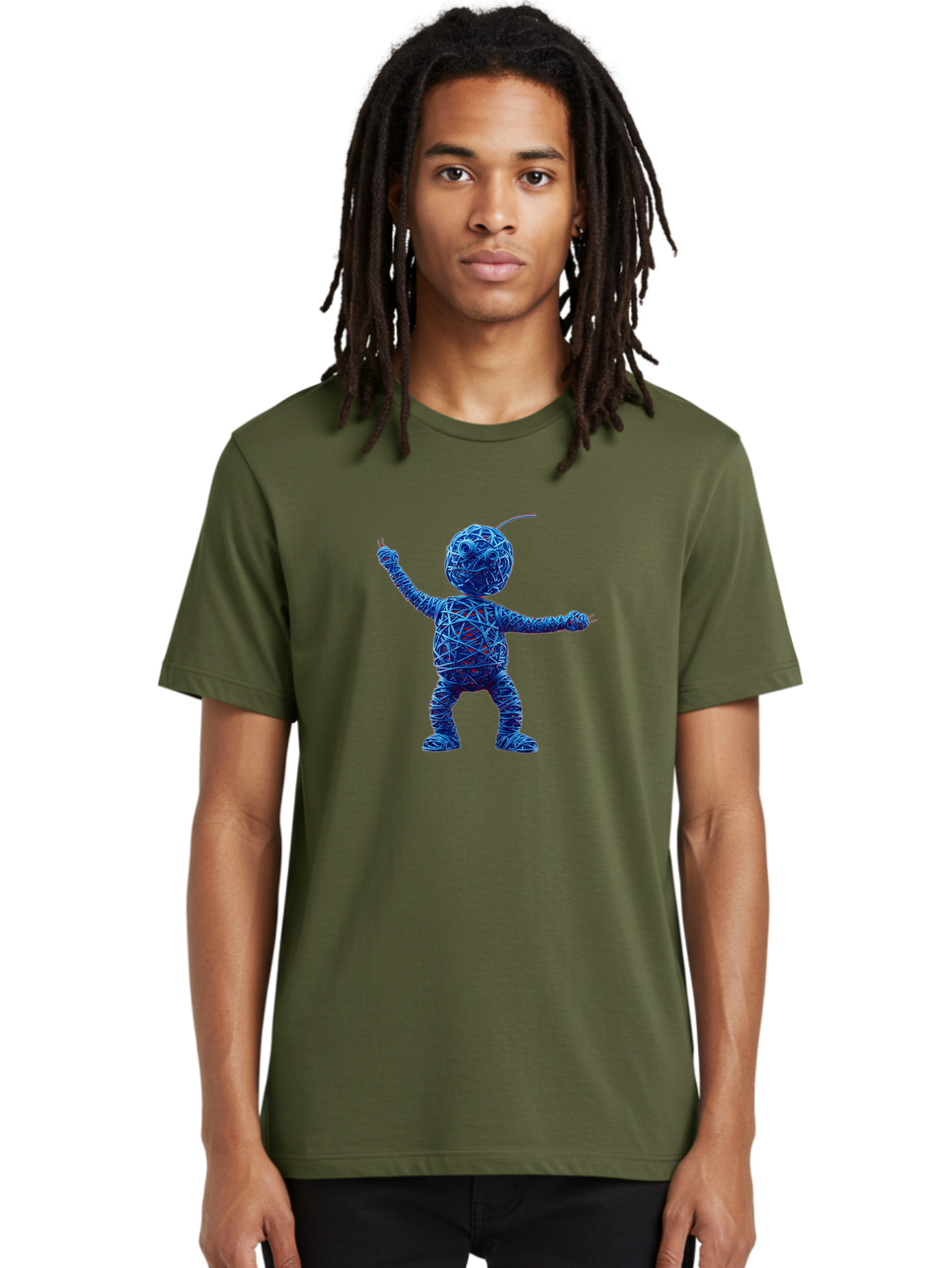 Blue-Wire-Figure Men'S Graphic Tee, 100% Cotton, Comfortable Casual Summer Wear, Machine Washable, Wire Twisted Figure, Abstract Character, Avant-Garde Art, Surreal Sculpture, Contemporary Design, Artistic Expression, Modern Art, Blue Wire, Baa177 26