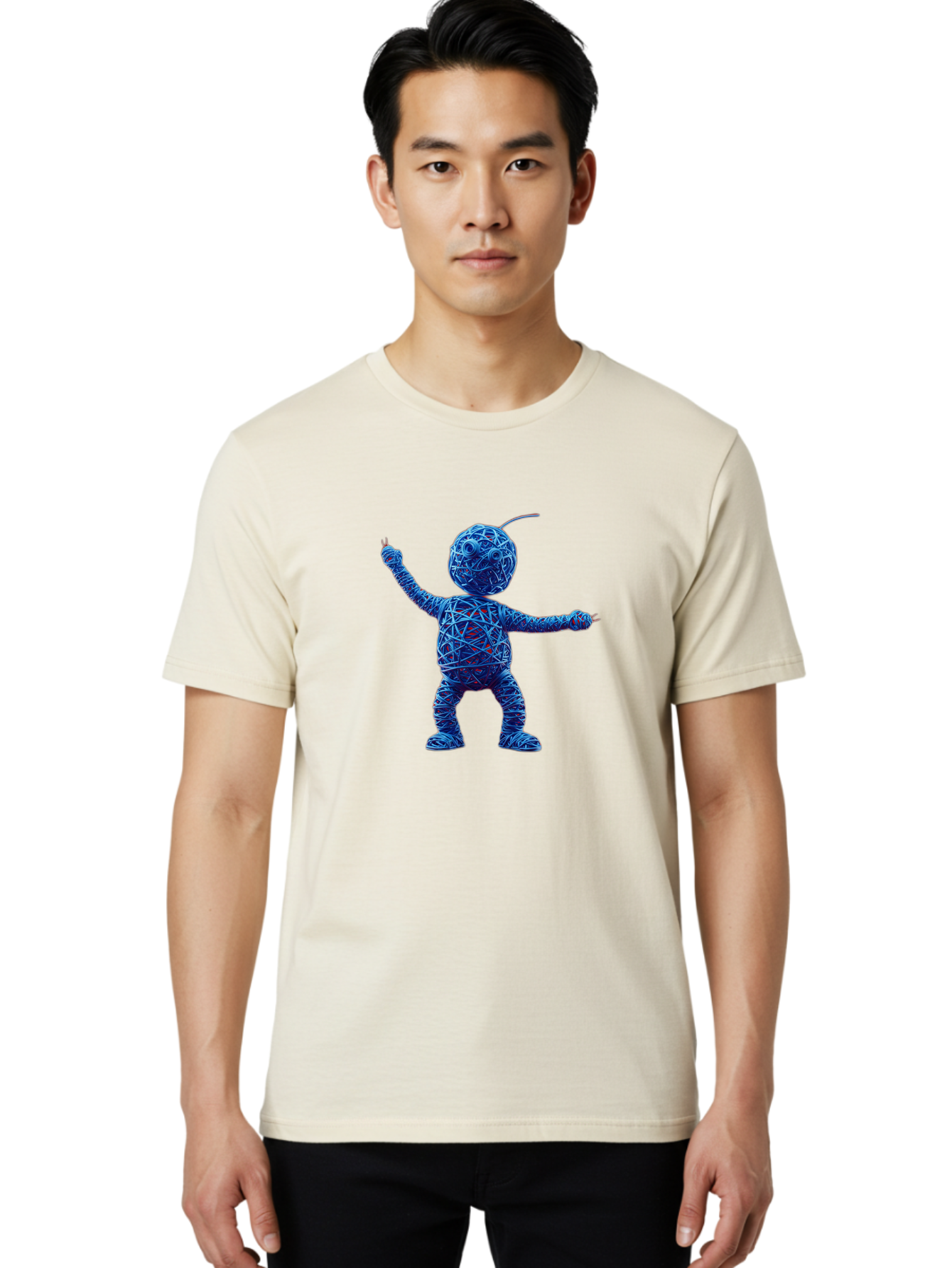 Blue-Wire-Figure Men'S Graphic Tee, 100% Cotton, Comfortable Casual Summer Wear, Machine Washable, Wire Twisted Figure, Abstract Character, Avant-Garde Art, Surreal Sculpture, Contemporary Design, Artistic Expression, Modern Art, Blue Wire, Baa177 6