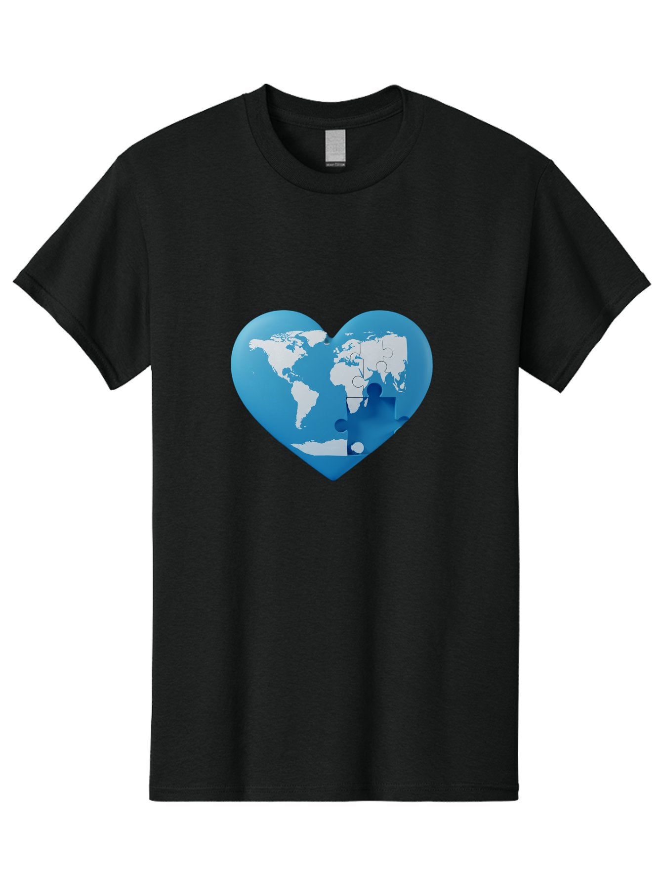 Blue-World-Map-Heart Men'S Graphic Tee, 100% Cotton, Comfortable Casual Summer Wear, Machine Washable, Heart-Shaped World Map, Puzzle Pieces, Global Unity, International Cooperation, Charity Symbol, Love For The World, Interconnectedness, Baa178 6