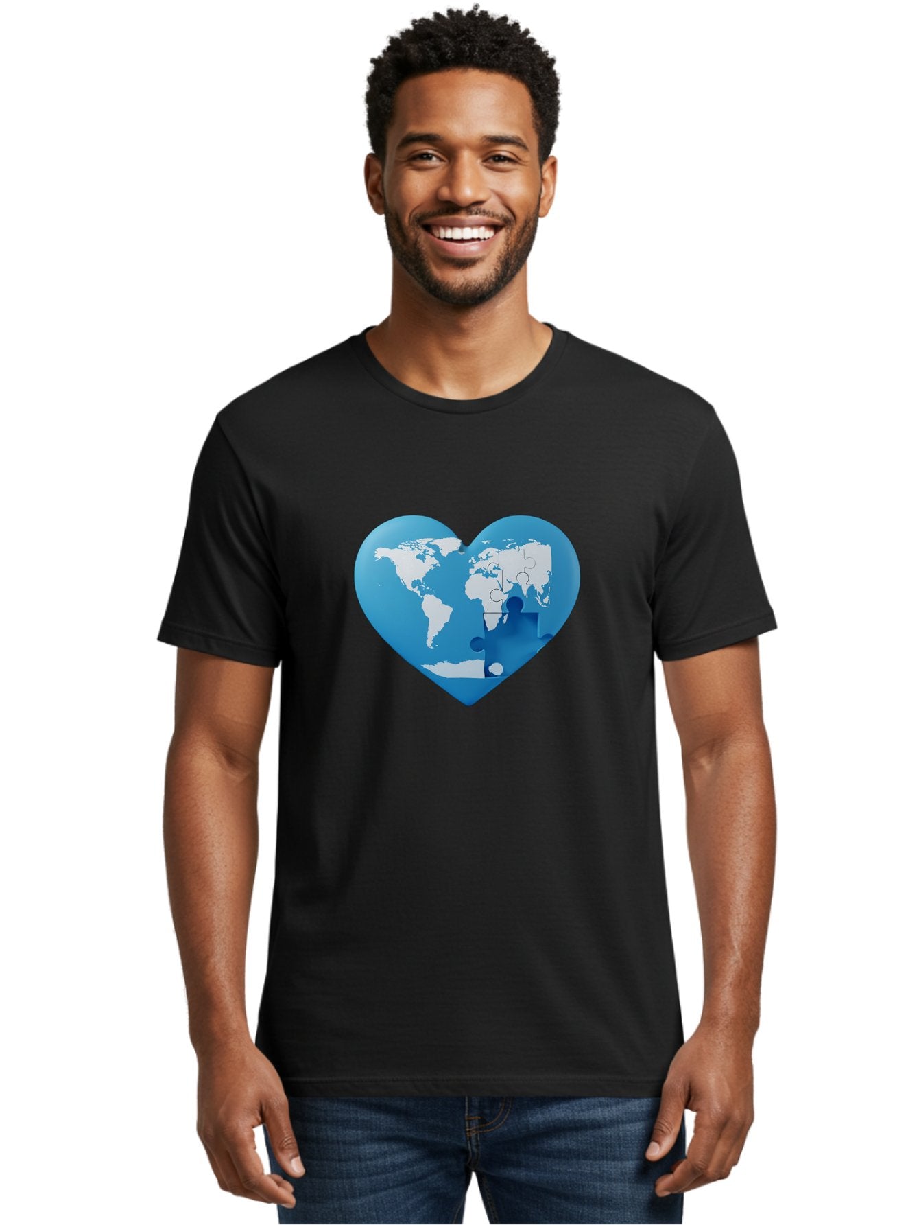 Blue-World-Map-Heart Men'S Graphic Tee, 100% Cotton, Comfortable Casual Summer Wear, Machine Washable, Heart-Shaped World Map, Puzzle Pieces, Global Unity, International Cooperation, Charity Symbol, Love For The World, Interconnectedness, Baa178 24