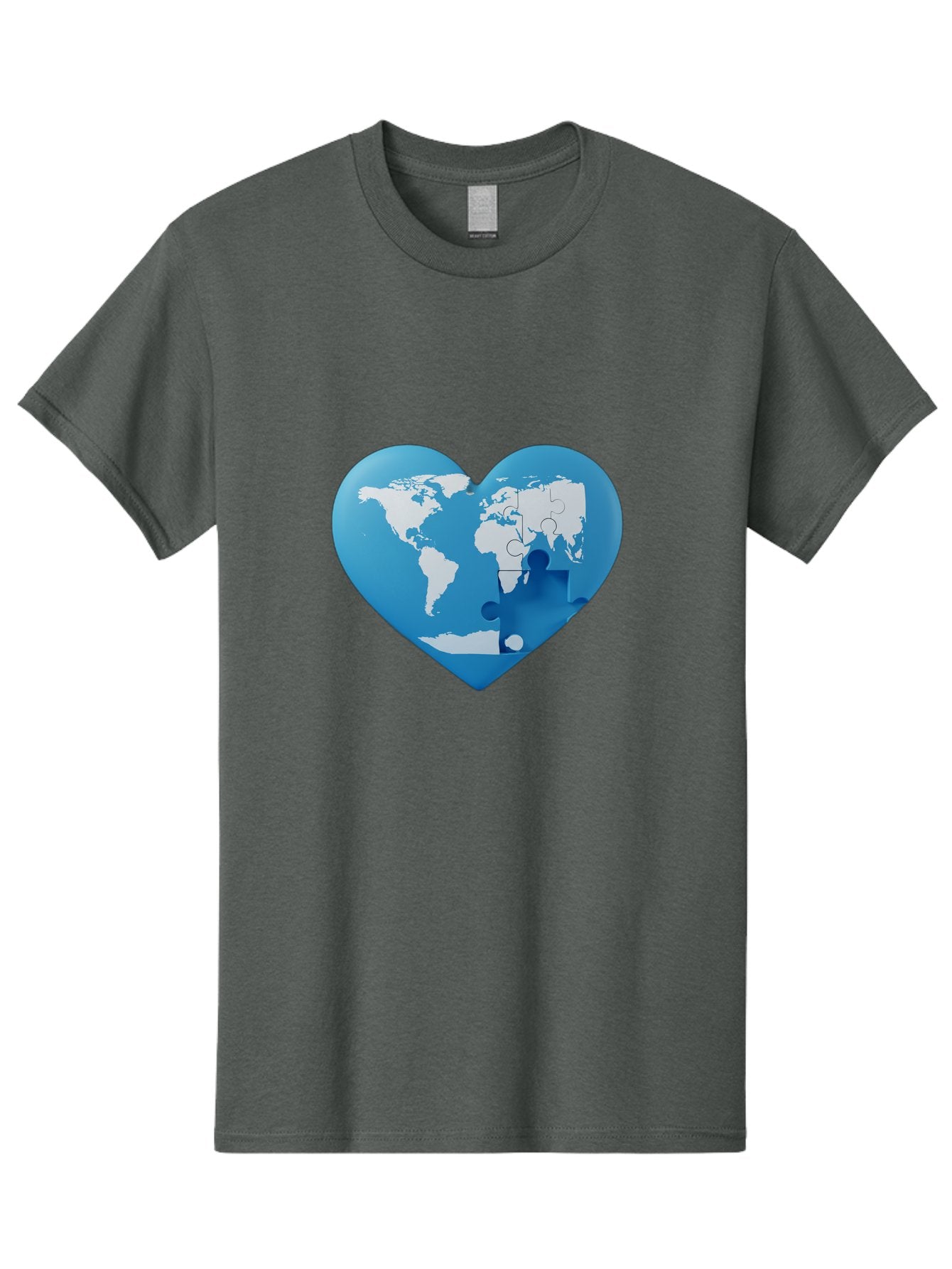 Blue-World-Map-Heart Men'S Graphic Tee, 100% Cotton, Comfortable Casual Summer Wear, Machine Washable, Heart-Shaped World Map, Puzzle Pieces, Global Unity, International Cooperation, Charity Symbol, Love For The World, Interconnectedness, Baa178 3