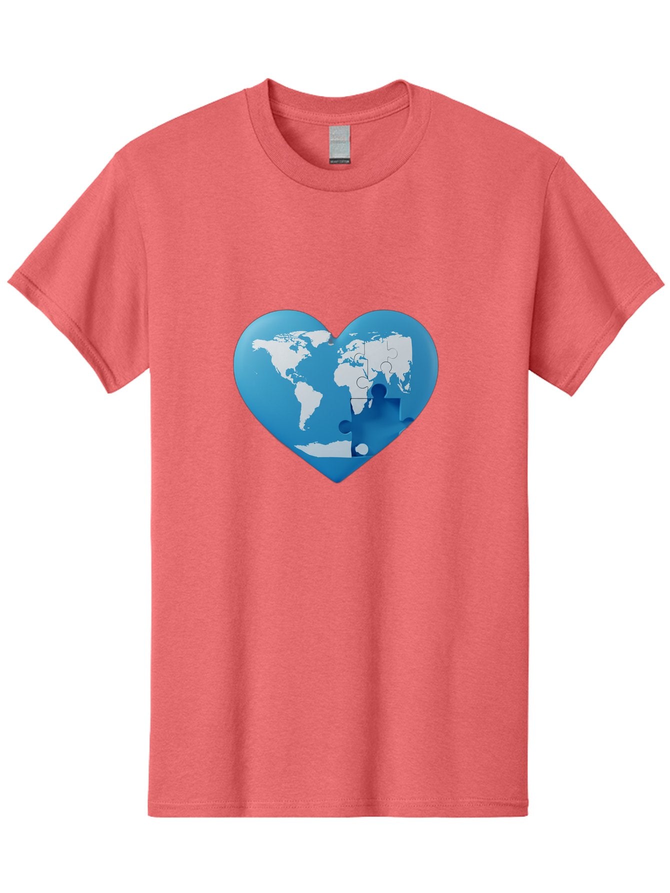 Blue-World-Map-Heart Men'S Graphic Tee, 100% Cotton, Comfortable Casual Summer Wear, Machine Washable, Heart-Shaped World Map, Puzzle Pieces, Global Unity, International Cooperation, Charity Symbol, Love For The World, Interconnectedness, Baa178 12