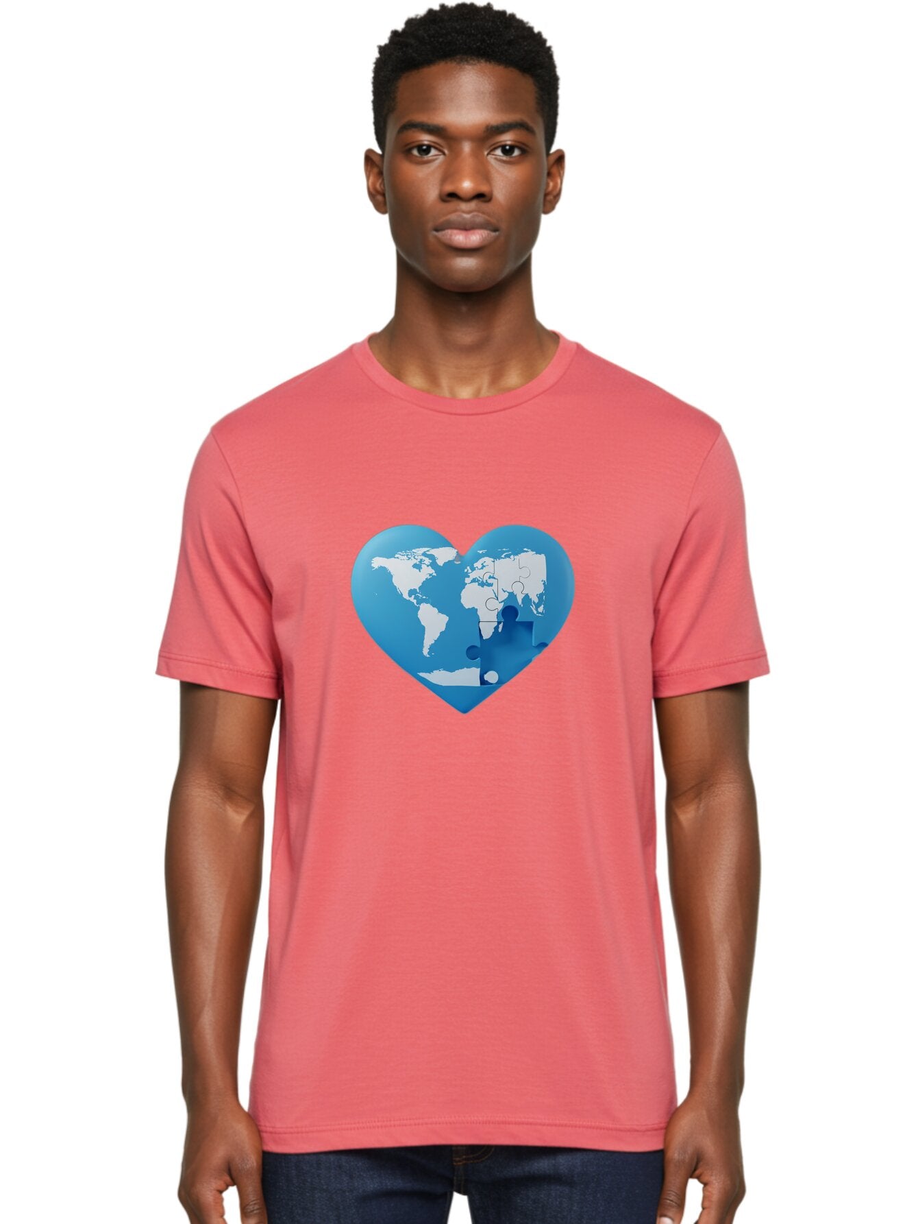 Blue-World-Map-Heart Men'S Graphic Tee, 100% Cotton, Comfortable Casual Summer Wear, Machine Washable, Heart-Shaped World Map, Puzzle Pieces, Global Unity, International Cooperation, Charity Symbol, Love For The World, Interconnectedness, Baa178 28