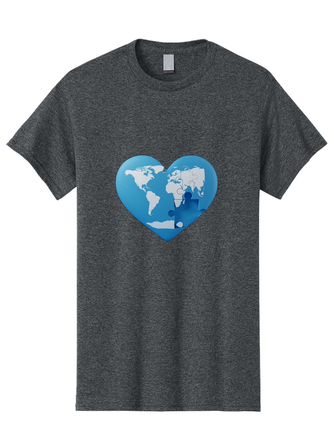 Blue-World-Map-Heart Men'S Graphic Tee, 100% Cotton, Comfortable Casual Summer Wear, Machine Washable, Heart-Shaped World Map, Puzzle Pieces, Global Unity, International Cooperation, Charity Symbol, Love For The World, Interconnectedness, Baa178 4