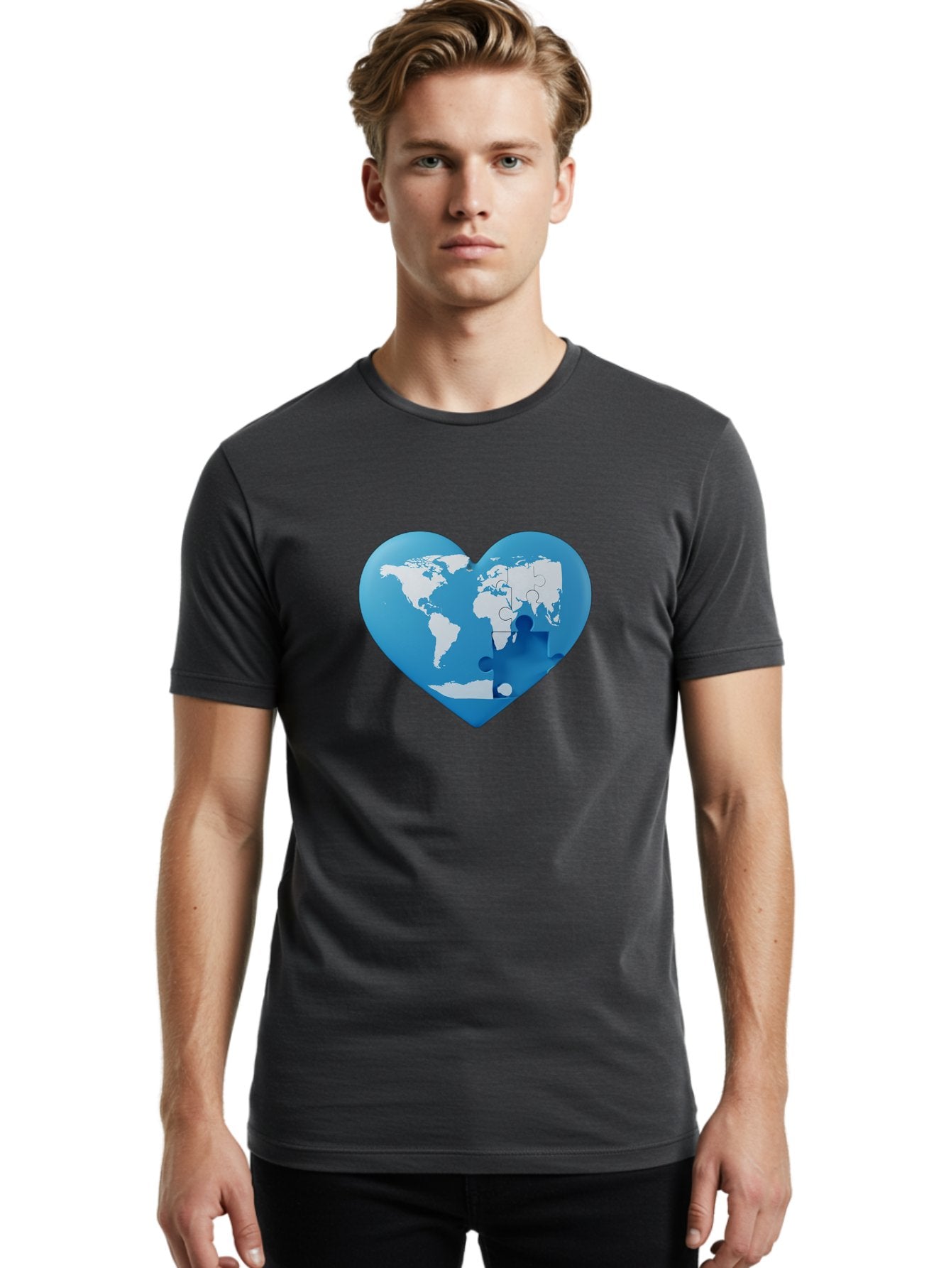 Blue-World-Map-Heart Men'S Graphic Tee, 100% Cotton, Comfortable Casual Summer Wear, Machine Washable, Heart-Shaped World Map, Puzzle Pieces, Global Unity, International Cooperation, Charity Symbol, Love For The World, Interconnectedness, Baa178 18
