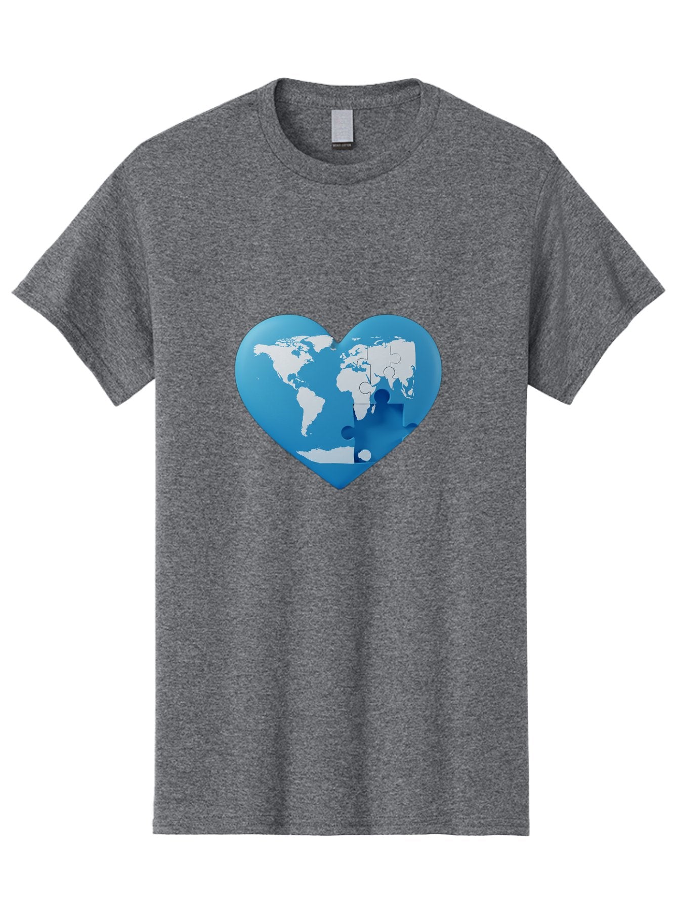 Blue-World-Map-Heart Men'S Graphic Tee, 100% Cotton, Comfortable Casual Summer Wear, Machine Washable, Heart-Shaped World Map, Puzzle Pieces, Global Unity, International Cooperation, Charity Symbol, Love For The World, Interconnectedness, Baa178 15