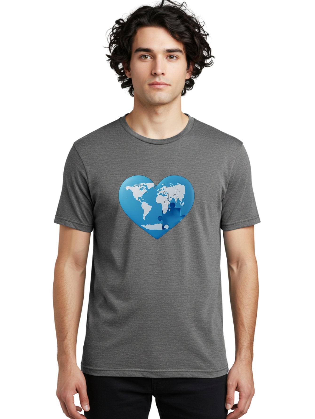 Blue-World-Map-Heart Men'S Graphic Tee, 100% Cotton, Comfortable Casual Summer Wear, Machine Washable, Heart-Shaped World Map, Puzzle Pieces, Global Unity, International Cooperation, Charity Symbol, Love For The World, Interconnectedness, Baa178 30