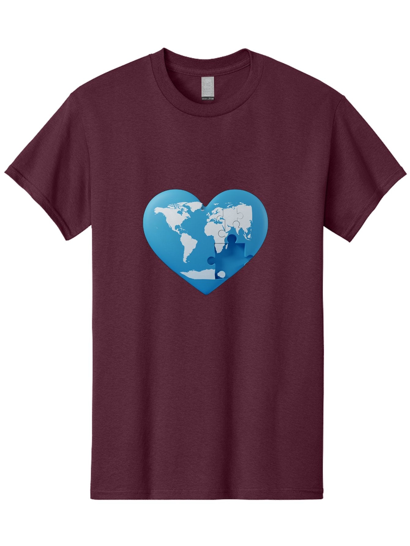 Blue-World-Map-Heart Men'S Graphic Tee, 100% Cotton, Comfortable Casual Summer Wear, Machine Washable, Heart-Shaped World Map, Puzzle Pieces, Global Unity, International Cooperation, Charity Symbol, Love For The World, Interconnectedness, Baa178