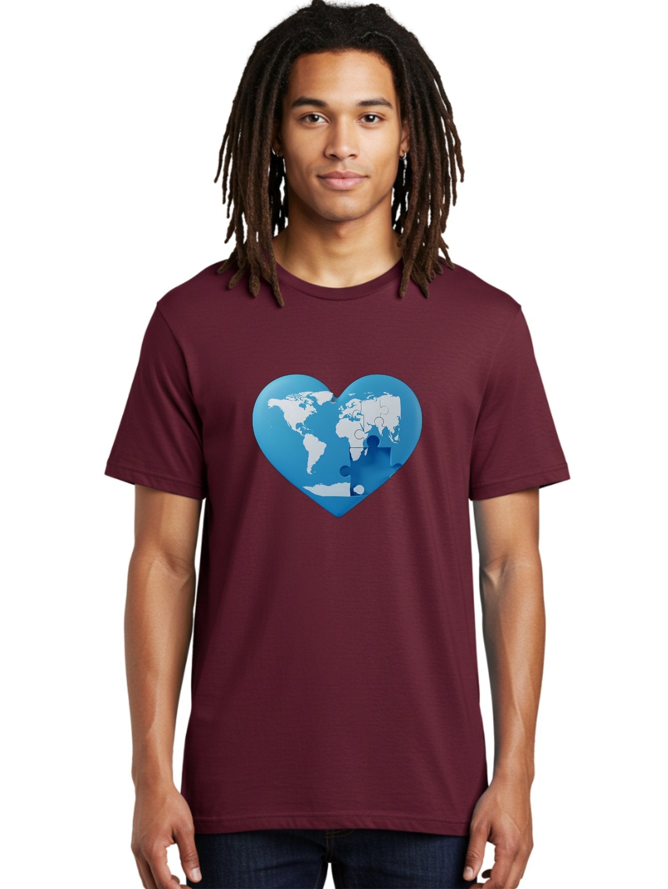 Blue-World-Map-Heart Men'S Graphic Tee, 100% Cotton, Comfortable Casual Summer Wear, Machine Washable, Heart-Shaped World Map, Puzzle Pieces, Global Unity, International Cooperation, Charity Symbol, Love For The World, Interconnectedness, Baa178 19