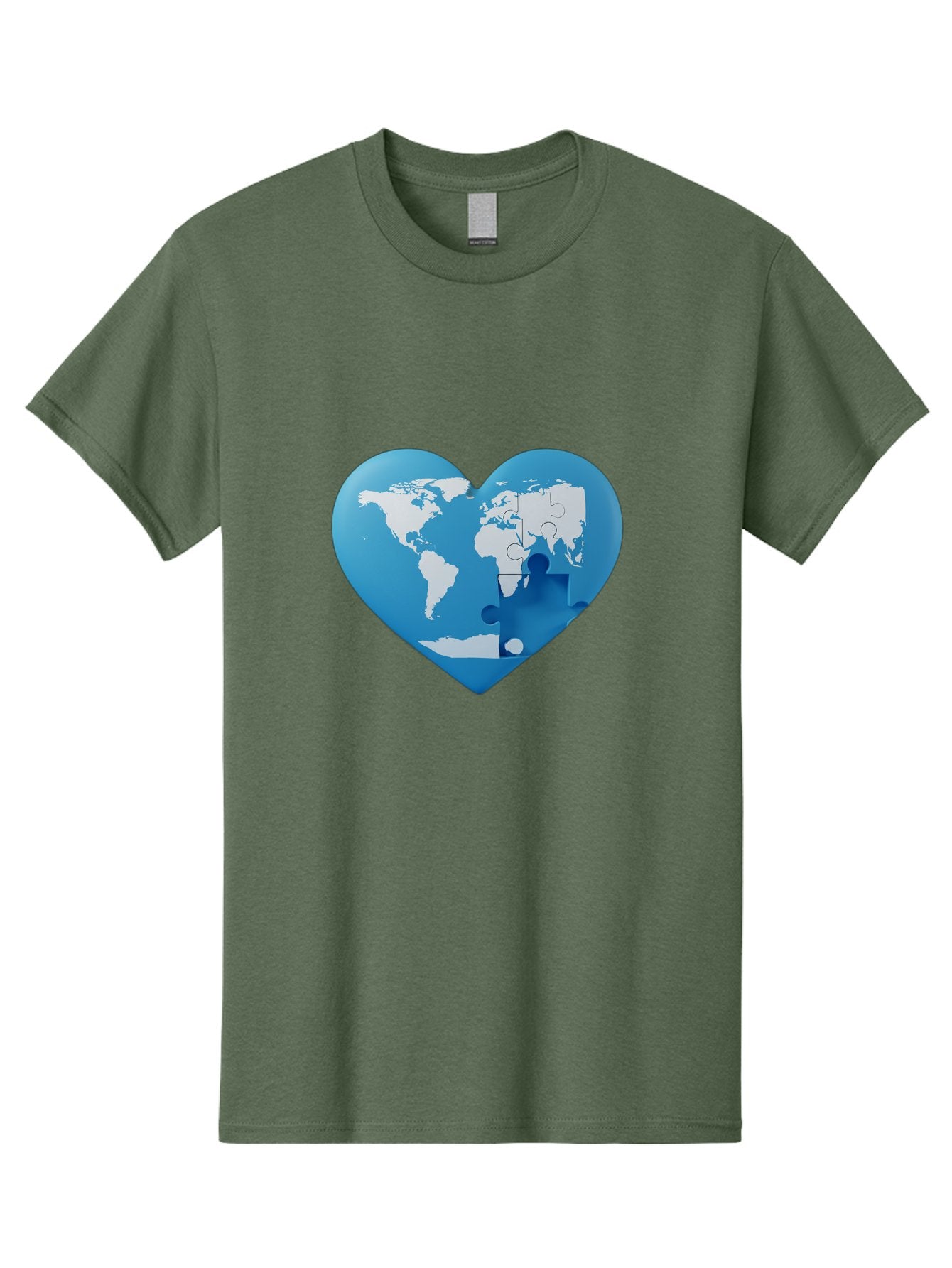 Blue-World-Map-Heart Men'S Graphic Tee, 100% Cotton, Comfortable Casual Summer Wear, Machine Washable, Heart-Shaped World Map, Puzzle Pieces, Global Unity, International Cooperation, Charity Symbol, Love For The World, Interconnectedness, Baa178 11