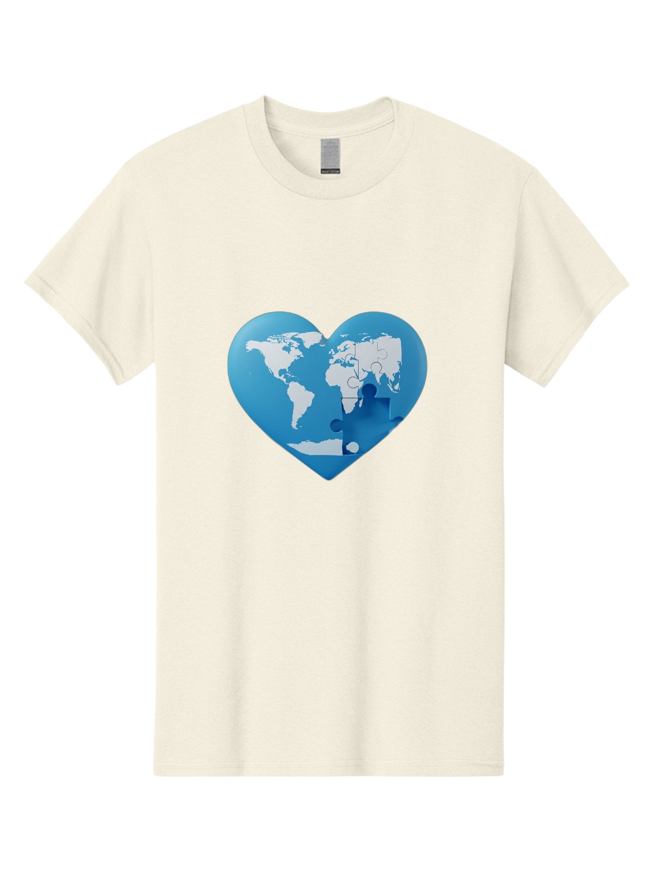 Blue-World-Map-Heart Men'S Graphic Tee, 100% Cotton, Comfortable Casual Summer Wear, Machine Washable, Heart-Shaped World Map, Puzzle Pieces, Global Unity, International Cooperation, Charity Symbol, Love For The World, Interconnectedness, Baa178 7