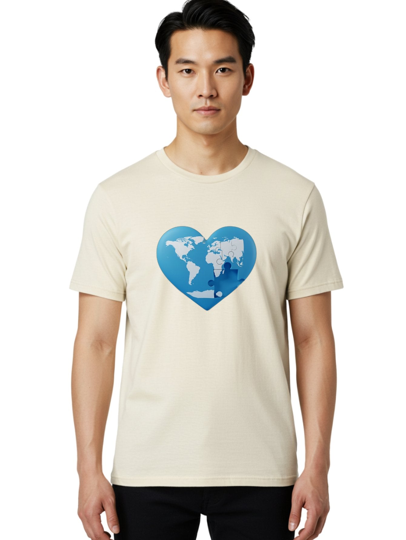 Blue-World-Map-Heart Men'S Graphic Tee, 100% Cotton, Comfortable Casual Summer Wear, Machine Washable, Heart-Shaped World Map, Puzzle Pieces, Global Unity, International Cooperation, Charity Symbol, Love For The World, Interconnectedness, Baa178 16
