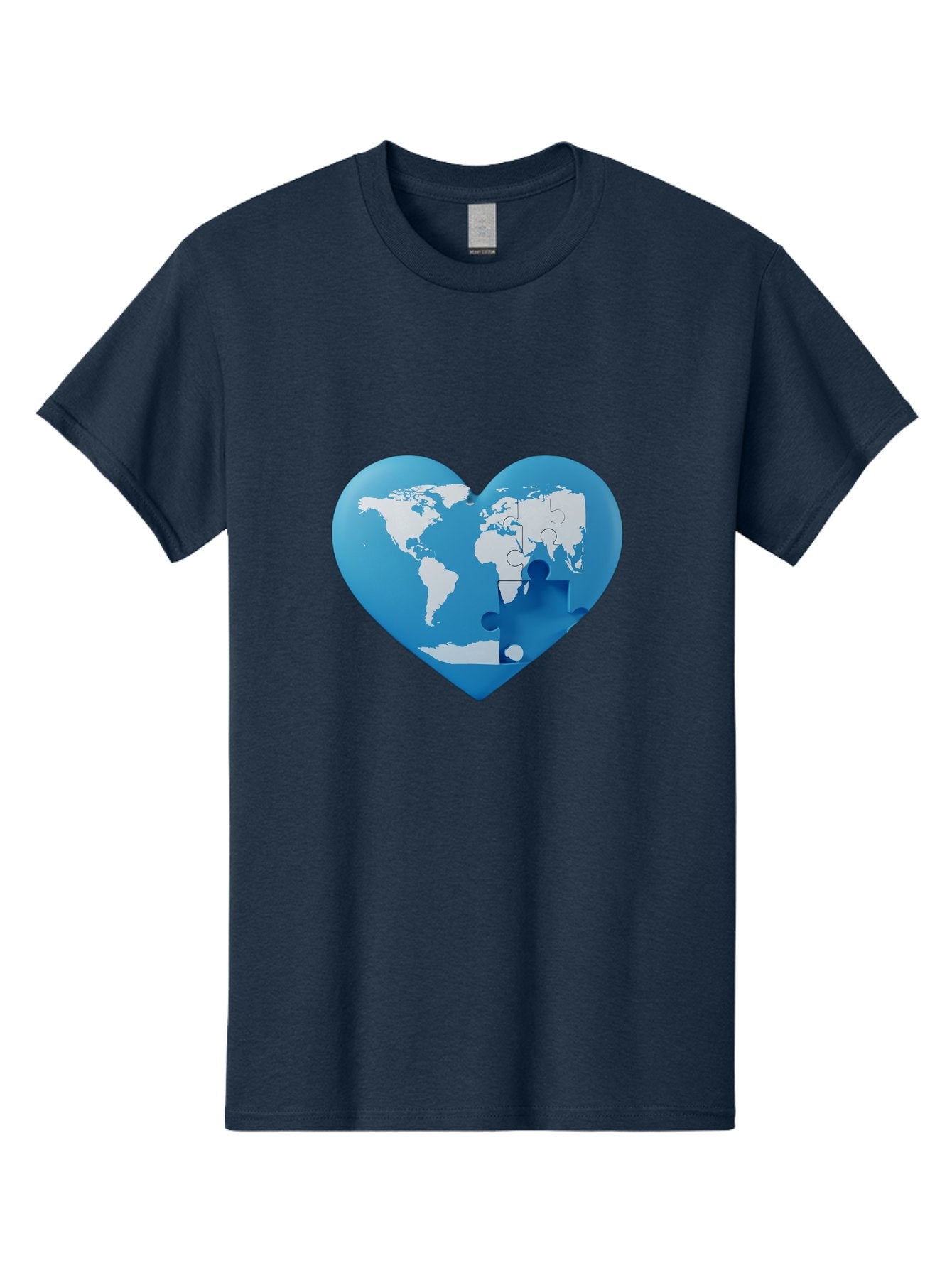 Blue-World-Map-Heart Men'S Graphic Tee, 100% Cotton, Comfortable Casual Summer Wear, Machine Washable, Heart-Shaped World Map, Puzzle Pieces, Global Unity, International Cooperation, Charity Symbol, Love For The World, Interconnectedness, Baa178 10