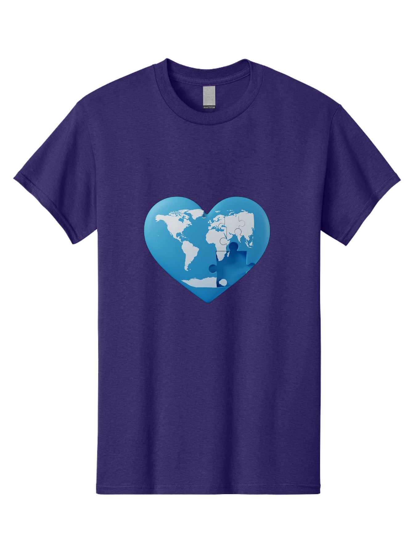 Blue-World-Map-Heart Men'S Graphic Tee, 100% Cotton, Comfortable Casual Summer Wear, Machine Washable, Heart-Shaped World Map, Puzzle Pieces, Global Unity, International Cooperation, Charity Symbol, Love For The World, Interconnectedness, Baa178 8