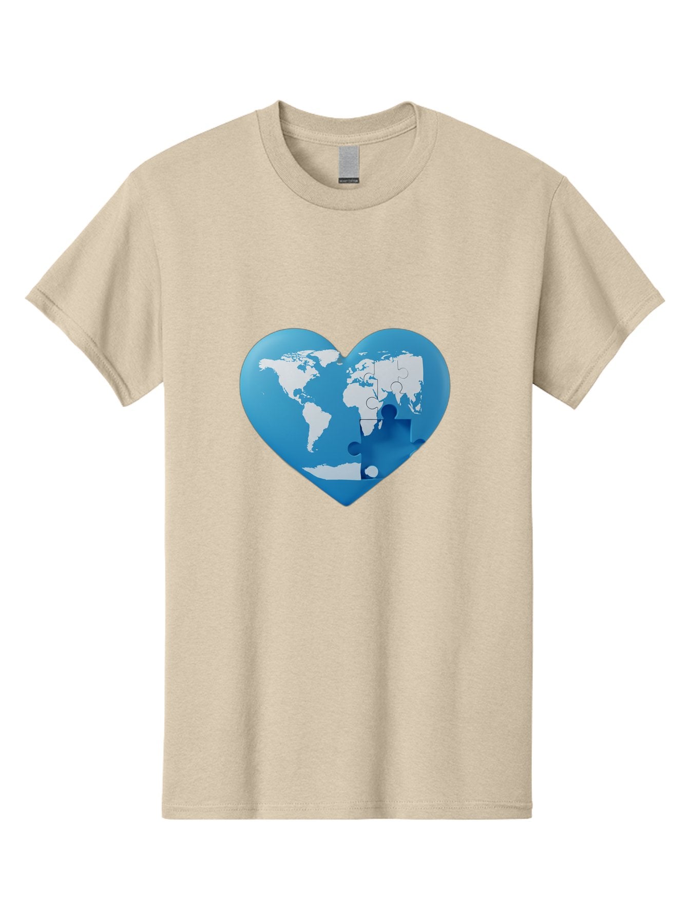 Blue-World-Map-Heart Men'S Graphic Tee, 100% Cotton, Comfortable Casual Summer Wear, Machine Washable, Heart-Shaped World Map, Puzzle Pieces, Global Unity, International Cooperation, Charity Symbol, Love For The World, Interconnectedness, Baa178