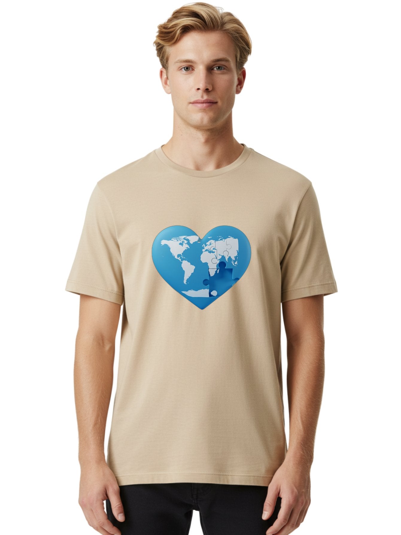 Blue-World-Map-Heart Men'S Graphic Tee, 100% Cotton, Comfortable Casual Summer Wear, Machine Washable, Heart-Shaped World Map, Puzzle Pieces, Global Unity, International Cooperation, Charity Symbol, Love For The World, Interconnectedness, Baa178 21