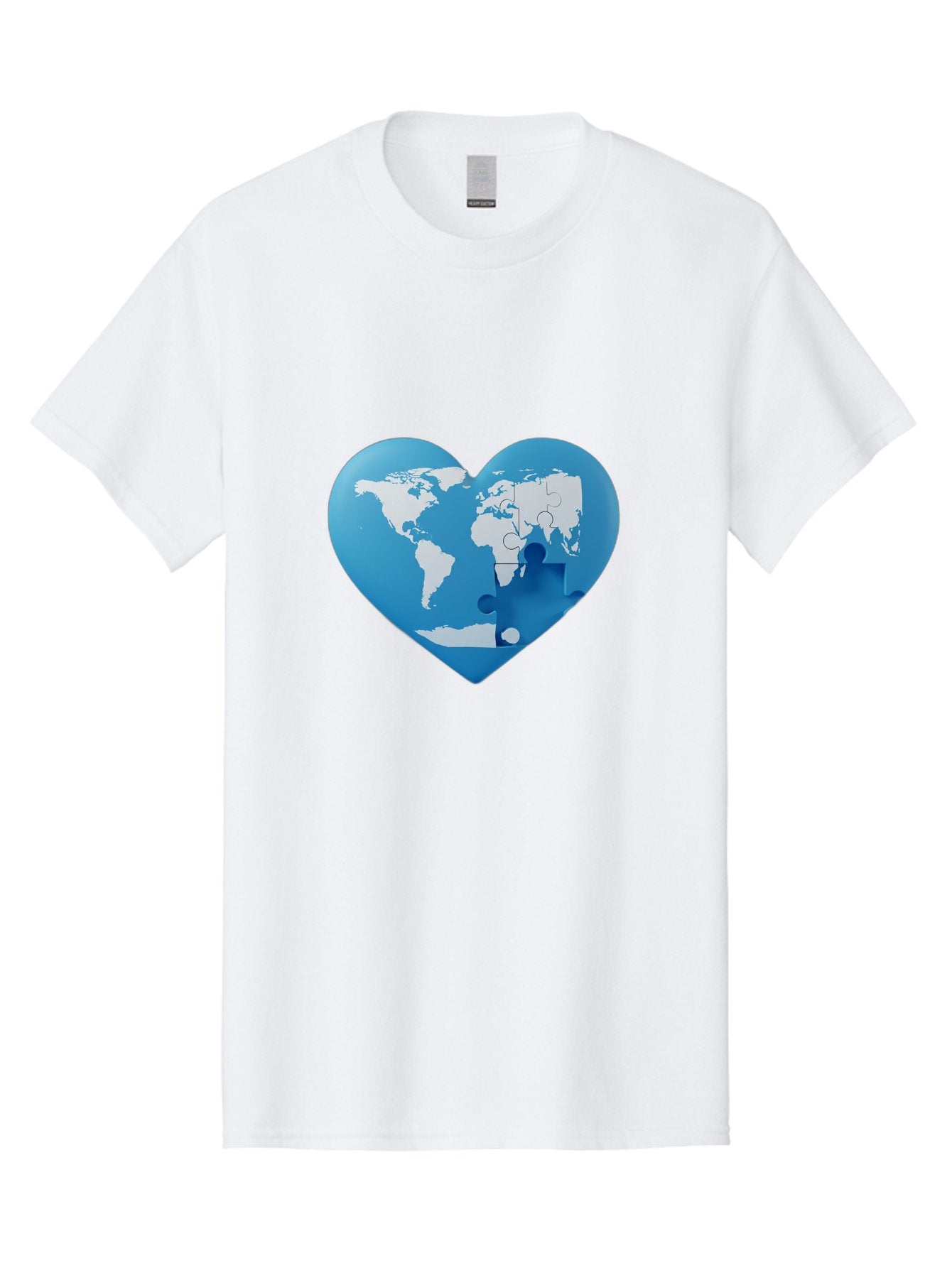 Blue-World-Map-Heart Men'S Graphic Tee, 100% Cotton, Comfortable Casual Summer Wear, Machine Washable, Heart-Shaped World Map, Puzzle Pieces, Global Unity, International Cooperation, Charity Symbol, Love For The World, Interconnectedness, Baa178 5