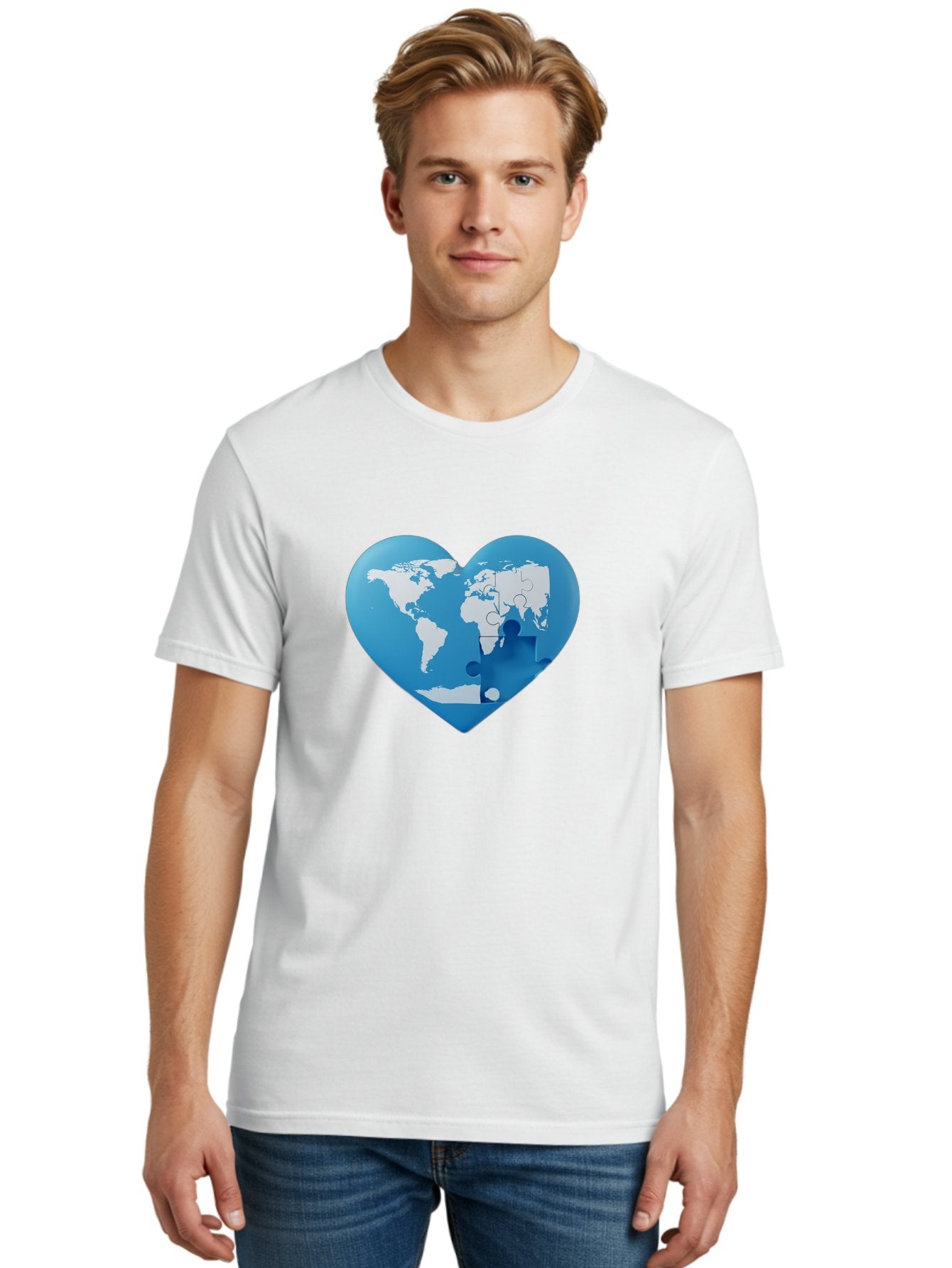 Blue-World-Map-Heart Men'S Graphic Tee, 100% Cotton, Comfortable Casual Summer Wear, Machine Washable, Heart-Shaped World Map, Puzzle Pieces, Global Unity, International Cooperation, Charity Symbol, Love For The World, Interconnectedness, Baa178 23