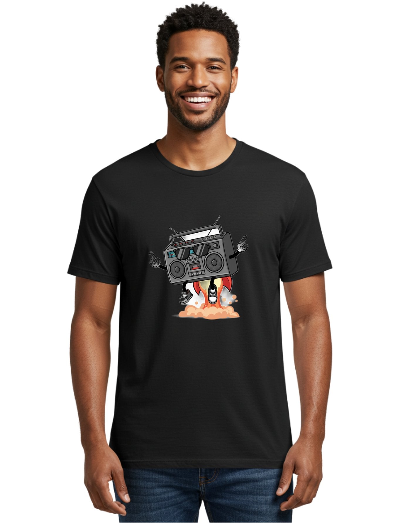 Boombox-4 Men'S Graphic Tee, 100% Cotton, Comfortable Casual Summer Wear, Machine Washable, Retro Boombox, Cartoon Character, Dj Stereo, Funky Music, Dancing Boombox, Rock On Gesture, Retro Technology, Cassette Tape, Loud Music, Fun Graphics, Baa185 25