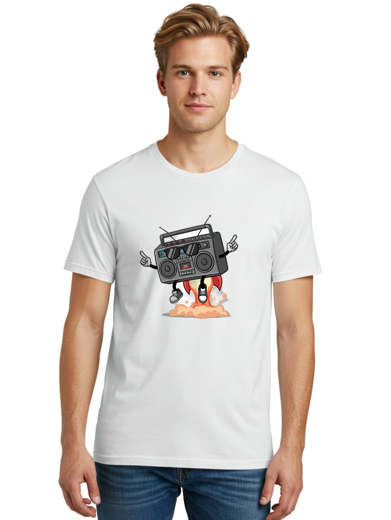 Boombox-4 Men'S Graphic Tee, 100% Cotton, Comfortable Casual Summer Wear, Machine Washable, Retro Boombox, Cartoon Character, Dj Stereo, Funky Music, Dancing Boombox, Rock On Gesture, Retro Technology, Cassette Tape, Loud Music, Fun Graphics, Baa185 26