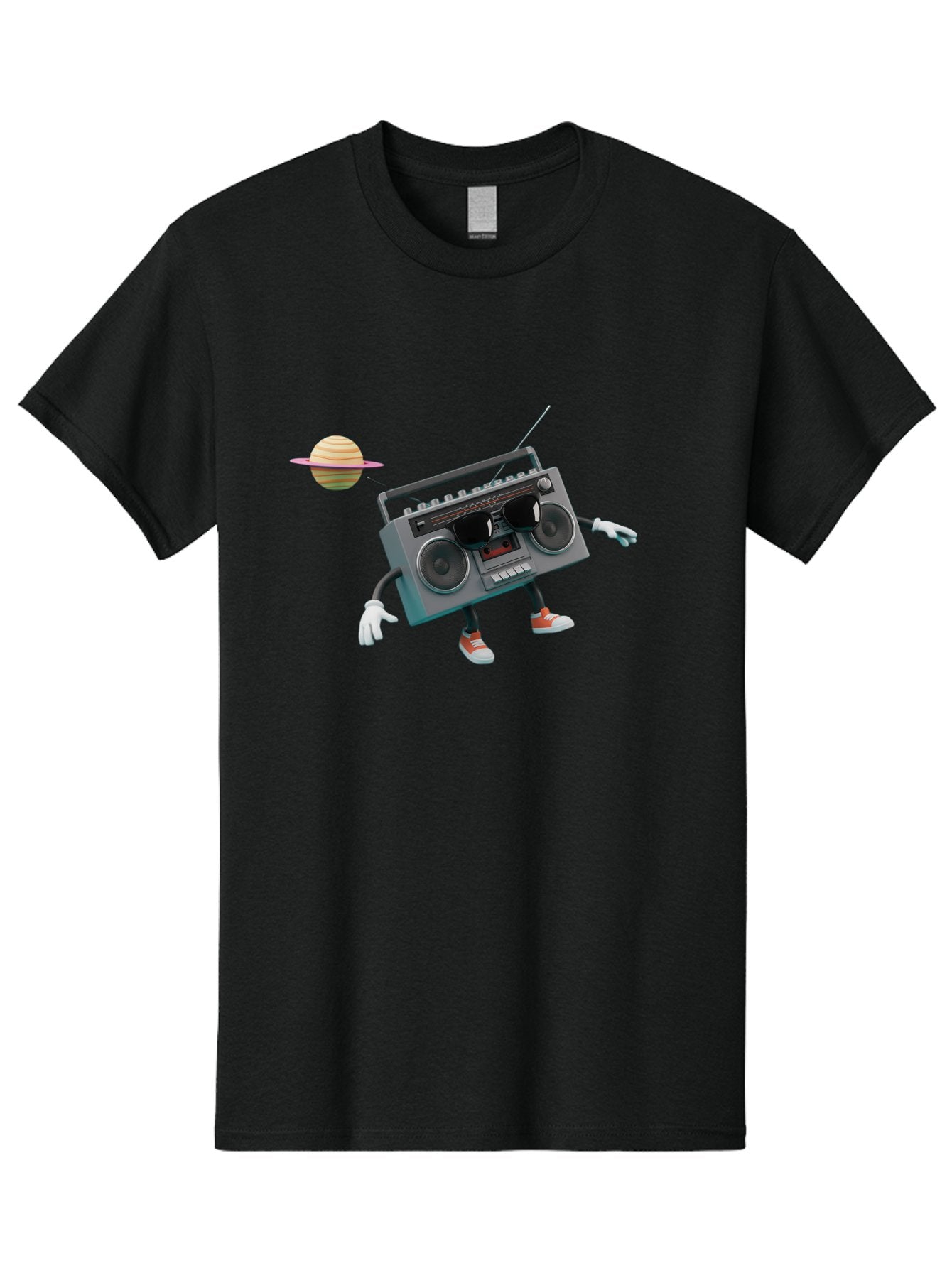 Boombox-5 Men'S Graphic Tee, 100% Cotton, Comfortable Casual Summer Wear, Machine Washable, Retro Boombox, Cartoon Character, Satellite Planet, Orange Sneakers, White Gloves, Gray Device, Cassette Player, Futuristic Accessories, Space Theme, Baa186 10