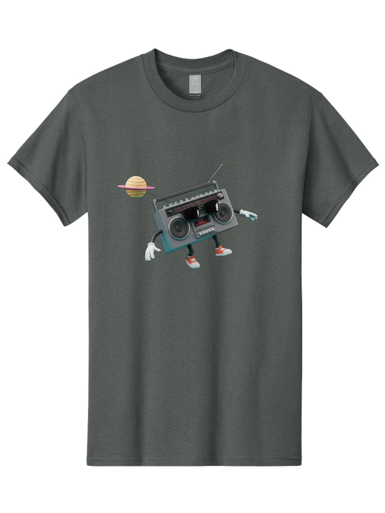 Boombox-5 Men'S Graphic Tee, 100% Cotton, Comfortable Casual Summer Wear, Machine Washable, Retro Boombox, Cartoon Character, Satellite Planet, Orange Sneakers, White Gloves, Gray Device, Cassette Player, Futuristic Accessories, Space Theme, Baa186 15