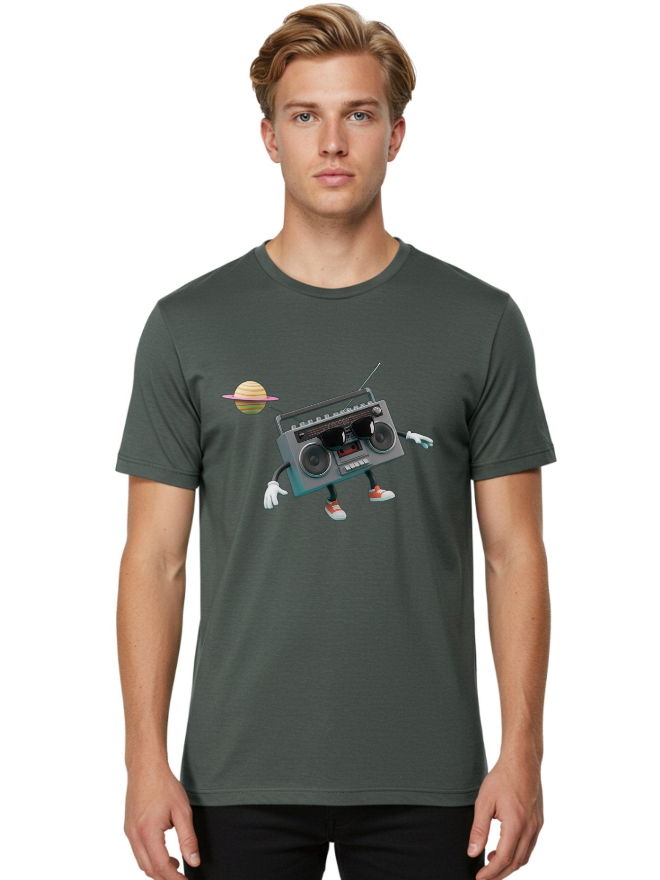 Boombox-5 Men'S Graphic Tee, 100% Cotton, Comfortable Casual Summer Wear, Machine Washable, Retro Boombox, Cartoon Character, Satellite Planet, Orange Sneakers, White Gloves, Gray Device, Cassette Player, Futuristic Accessories, Space Theme, Baa186 30