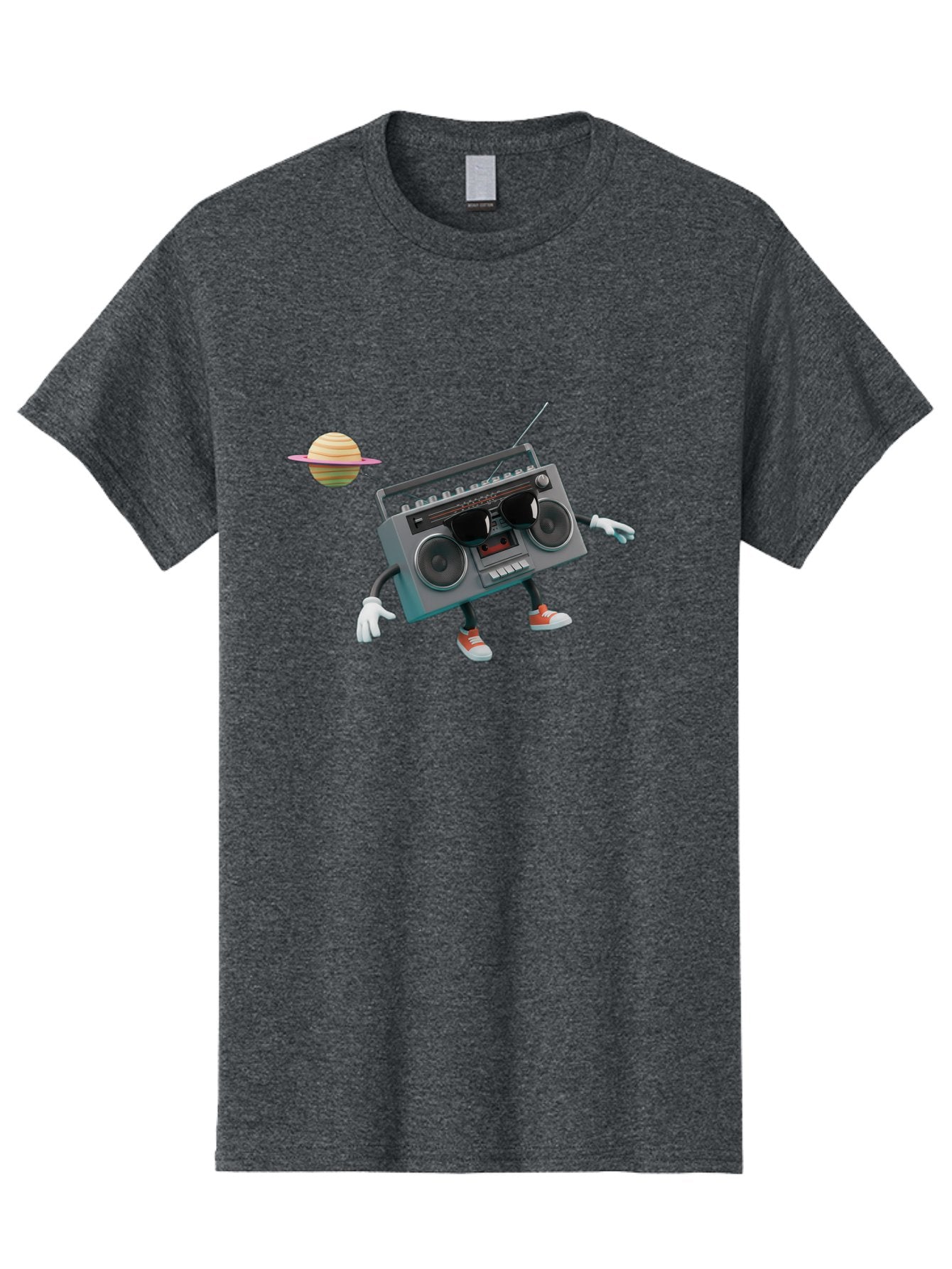 Boombox-5 Men'S Graphic Tee, 100% Cotton, Comfortable Casual Summer Wear, Machine Washable, Retro Boombox, Cartoon Character, Satellite Planet, Orange Sneakers, White Gloves, Gray Device, Cassette Player, Futuristic Accessories, Space Theme, Baa186