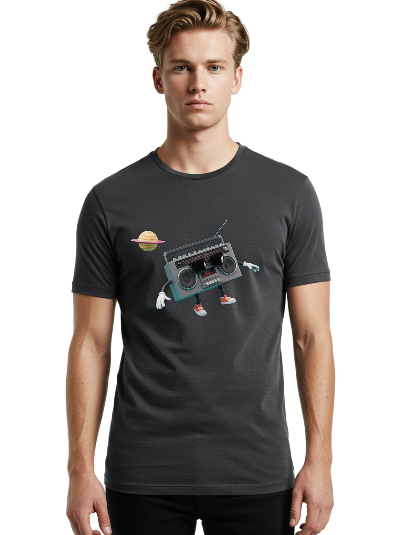 Boombox-5 Men'S Graphic Tee, 100% Cotton, Comfortable Casual Summer Wear, Machine Washable, Retro Boombox, Cartoon Character, Satellite Planet, Orange Sneakers, White Gloves, Gray Device, Cassette Player, Futuristic Accessories, Space Theme, Baa186 19
