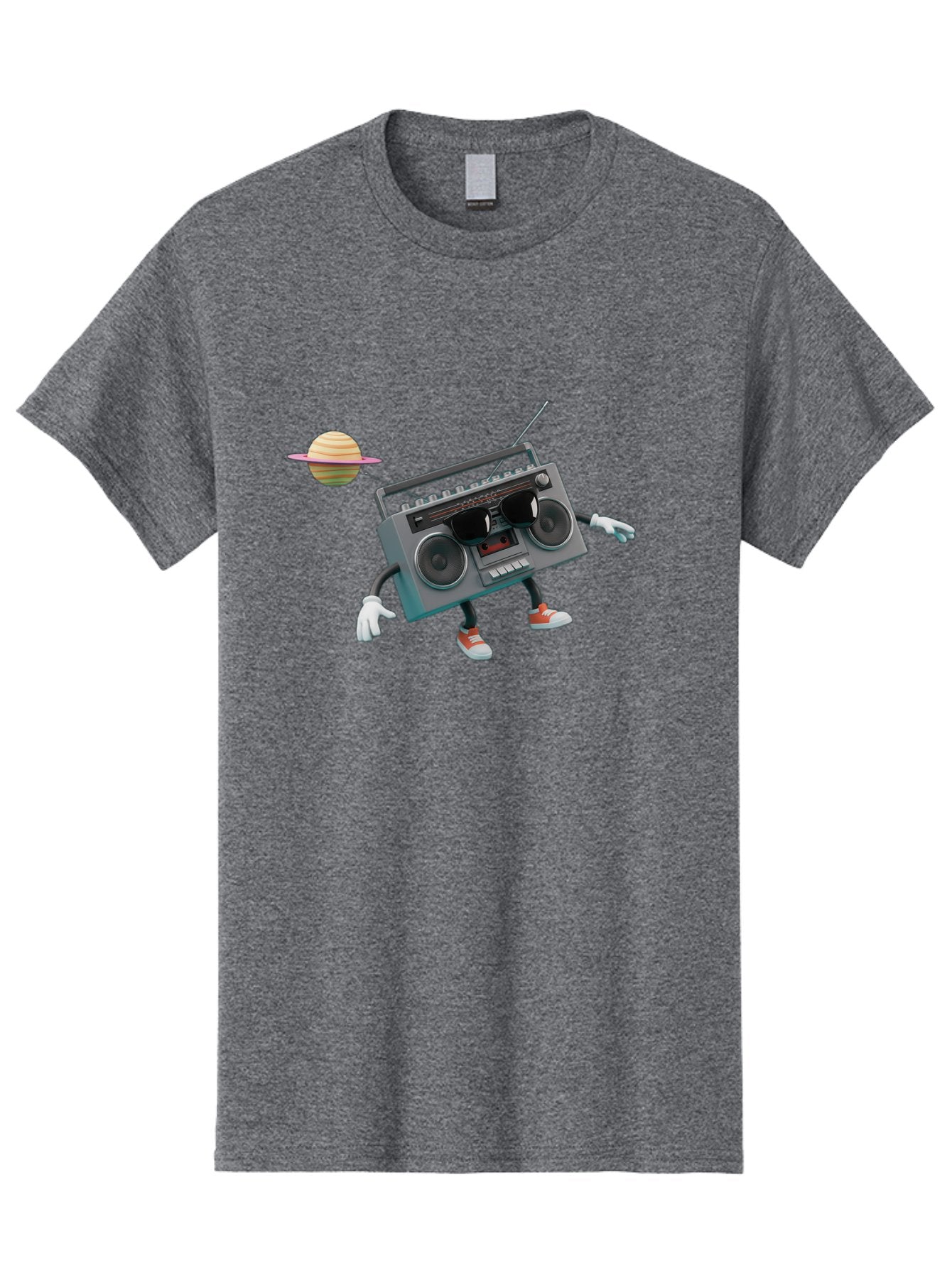 Boombox-5 Men'S Graphic Tee, 100% Cotton, Comfortable Casual Summer Wear, Machine Washable, Retro Boombox, Cartoon Character, Satellite Planet, Orange Sneakers, White Gloves, Gray Device, Cassette Player, Futuristic Accessories, Space Theme, Baa186