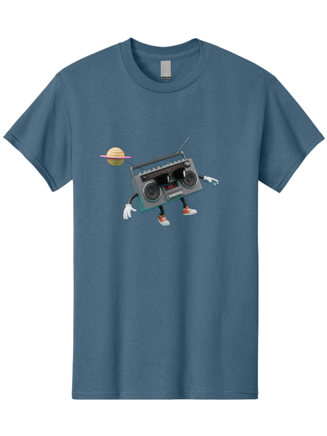 Boombox-5 Men'S Graphic Tee, 100% Cotton, Comfortable Casual Summer Wear, Machine Washable, Retro Boombox, Cartoon Character, Satellite Planet, Orange Sneakers, White Gloves, Gray Device, Cassette Player, Futuristic Accessories, Space Theme, Baa186 12