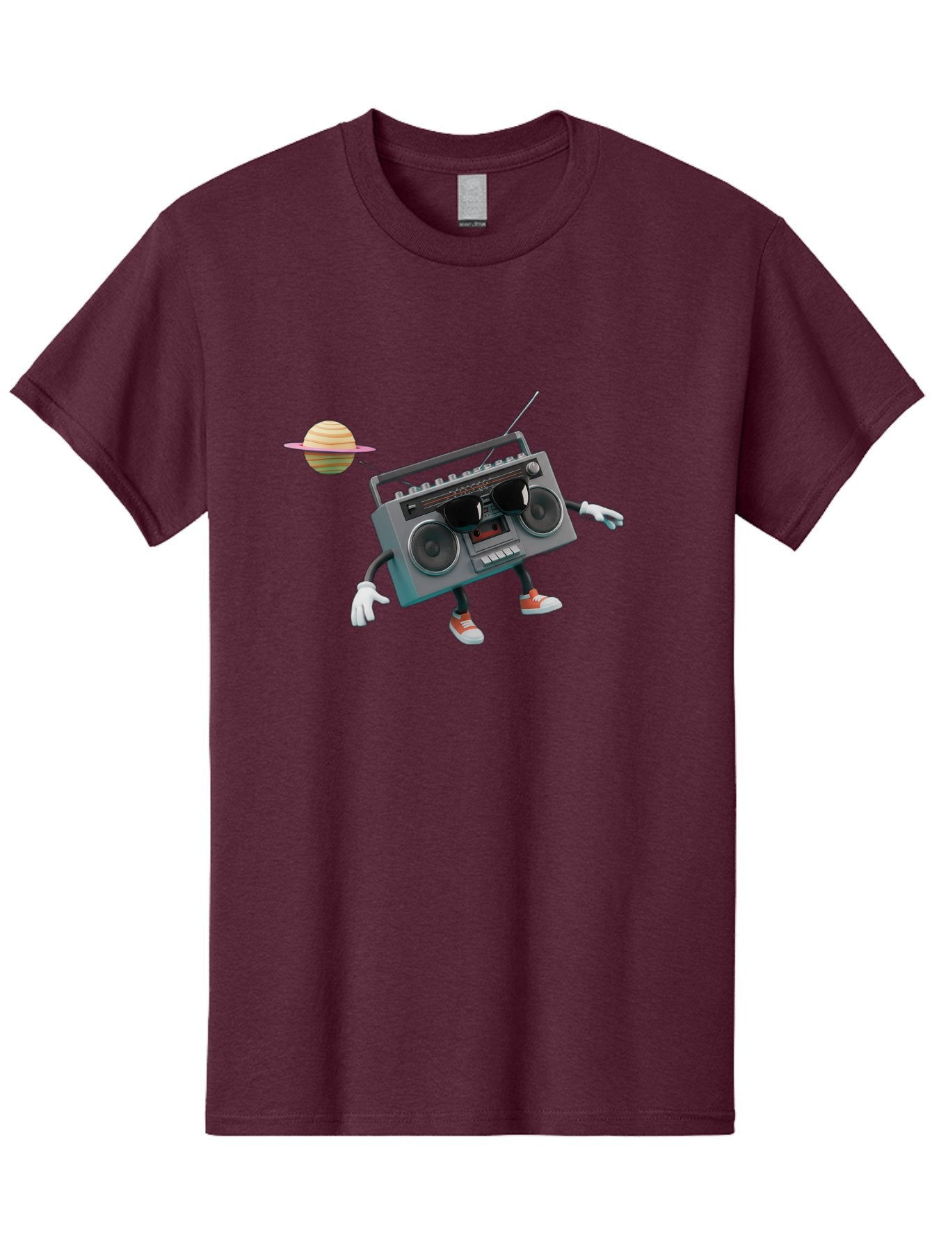 Boombox-5 Men'S Graphic Tee, 100% Cotton, Comfortable Casual Summer Wear, Machine Washable, Retro Boombox, Cartoon Character, Satellite Planet, Orange Sneakers, White Gloves, Gray Device, Cassette Player, Futuristic Accessories, Space Theme, Baa186 3