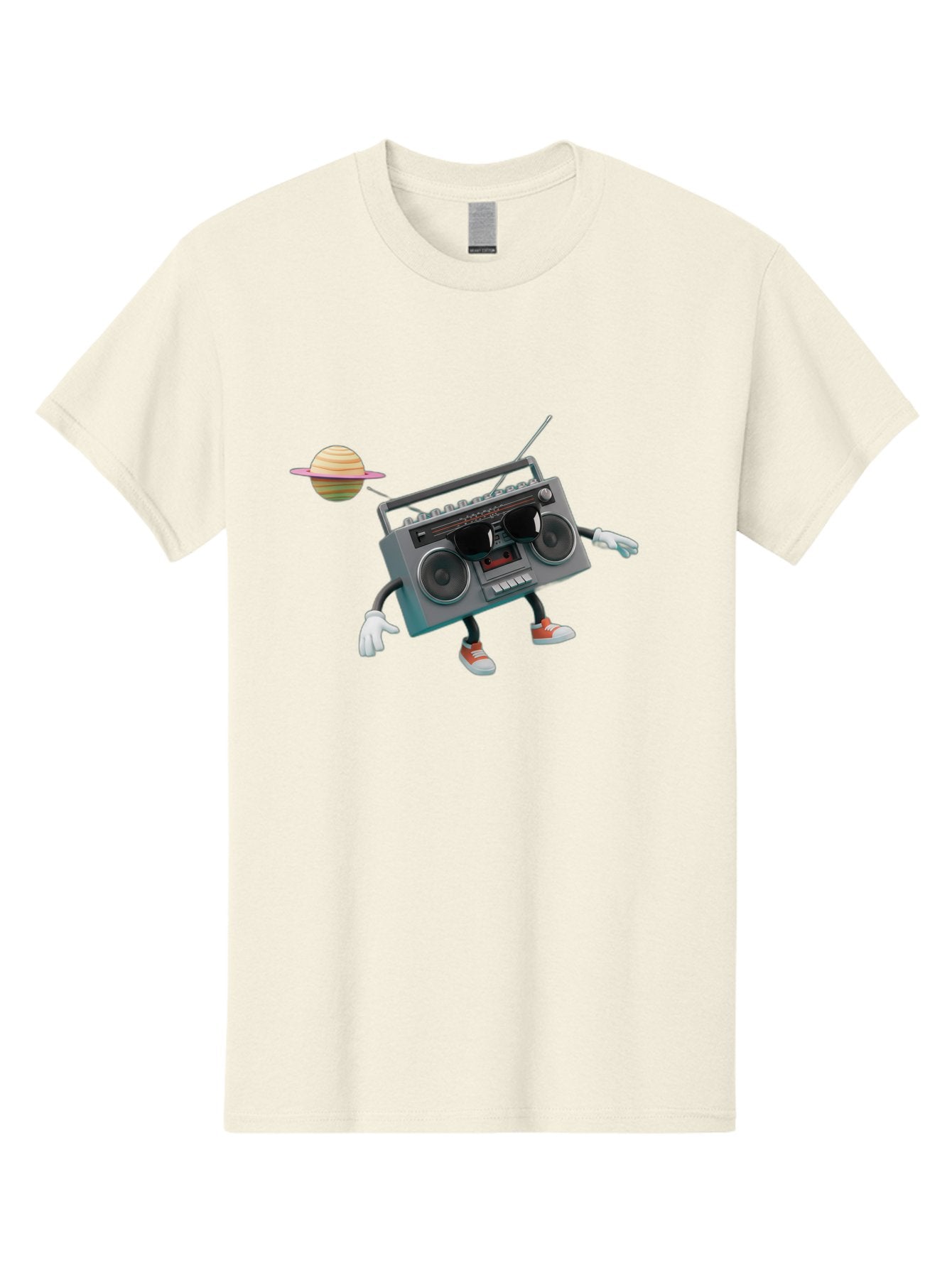 Boombox-5 Men'S Graphic Tee, 100% Cotton, Comfortable Casual Summer Wear, Machine Washable, Retro Boombox, Cartoon Character, Satellite Planet, Orange Sneakers, White Gloves, Gray Device, Cassette Player, Futuristic Accessories, Space Theme, Baa186 7